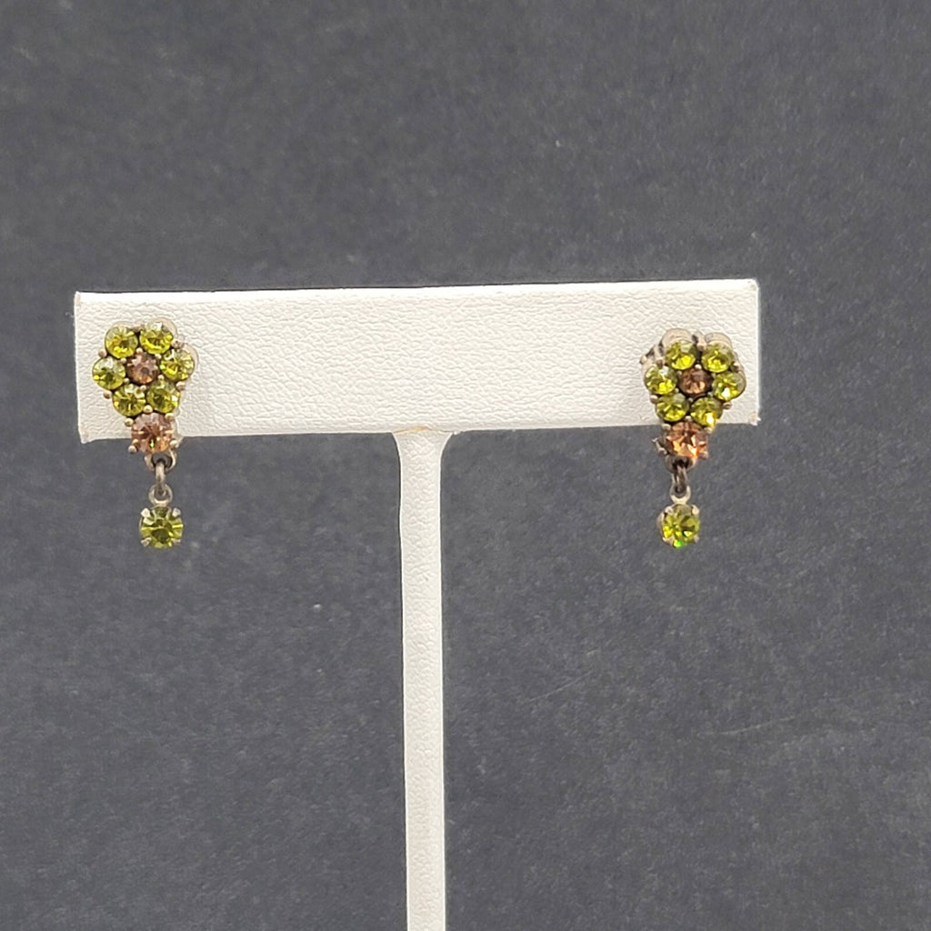 Flower Pierced Earrings Bronze tone Green Brown Crystal Dangle 3/4"