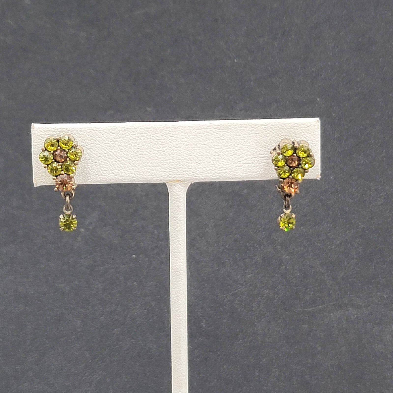 Flower Pierced Earrings Bronze tone Green Brown Crystal Dangle 3/4"