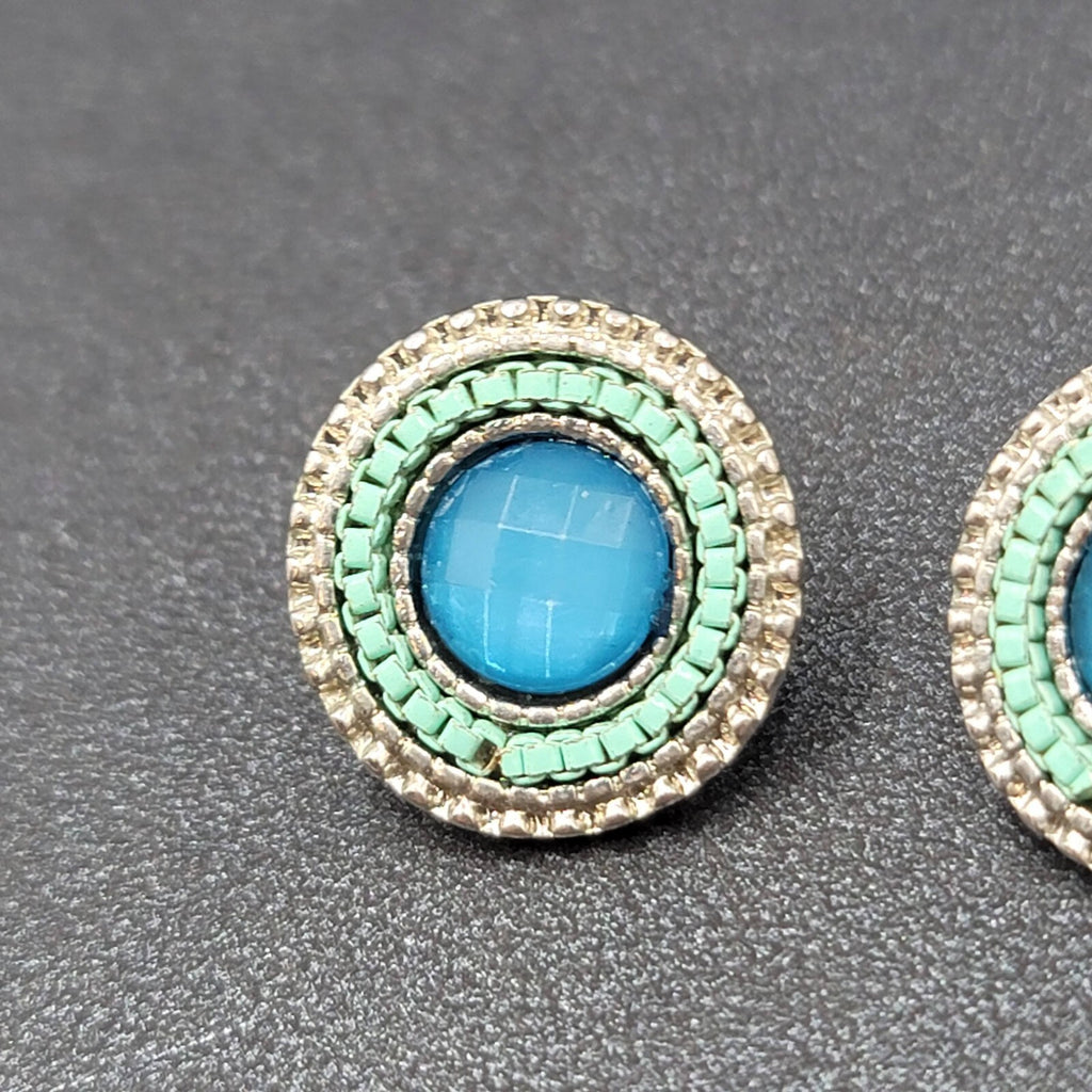 Pierced Earrings Silver tone Faceted Blue Round Studs 5/8"
