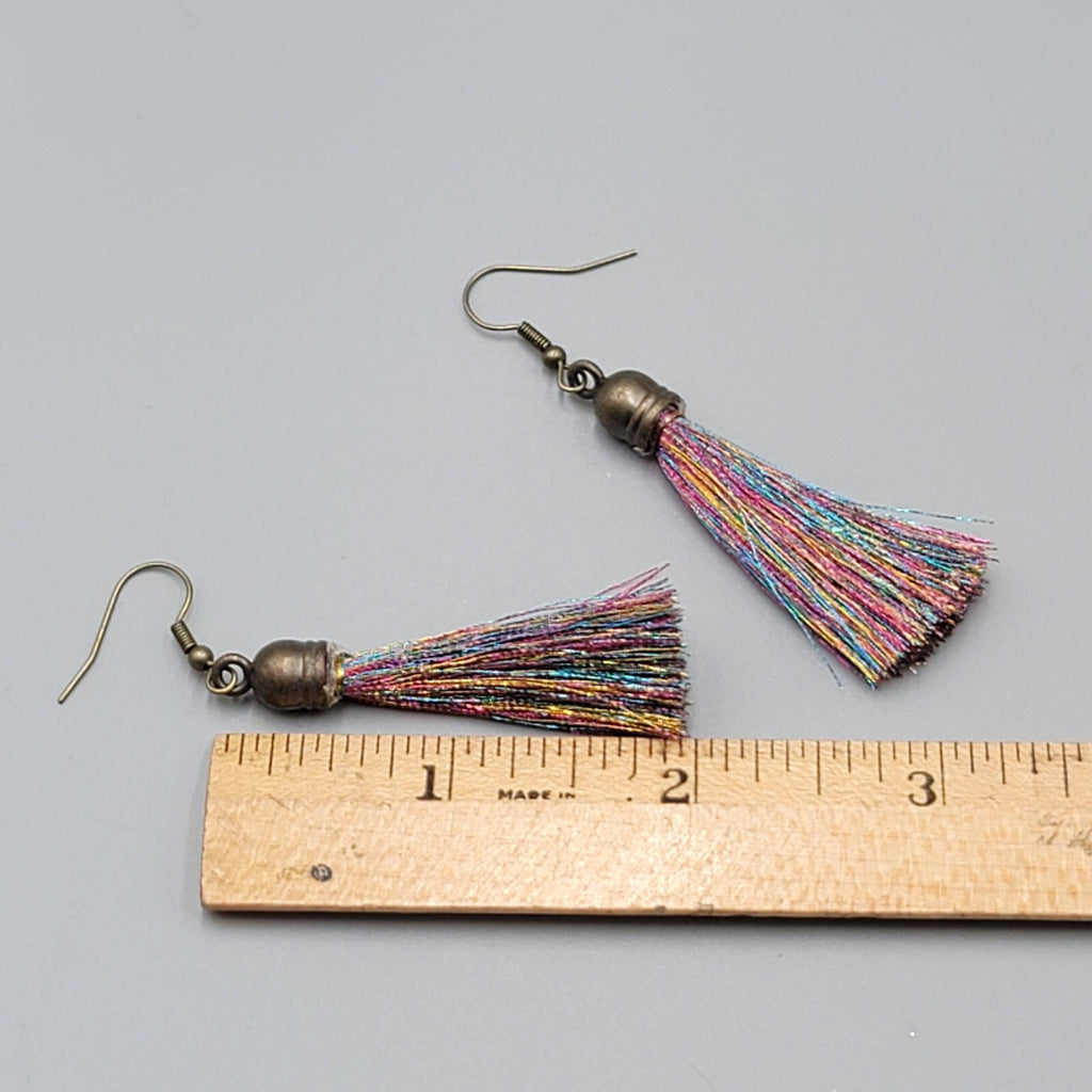 Tassel Pierced Earrings Bronze tone Multicolor Dangle 2"