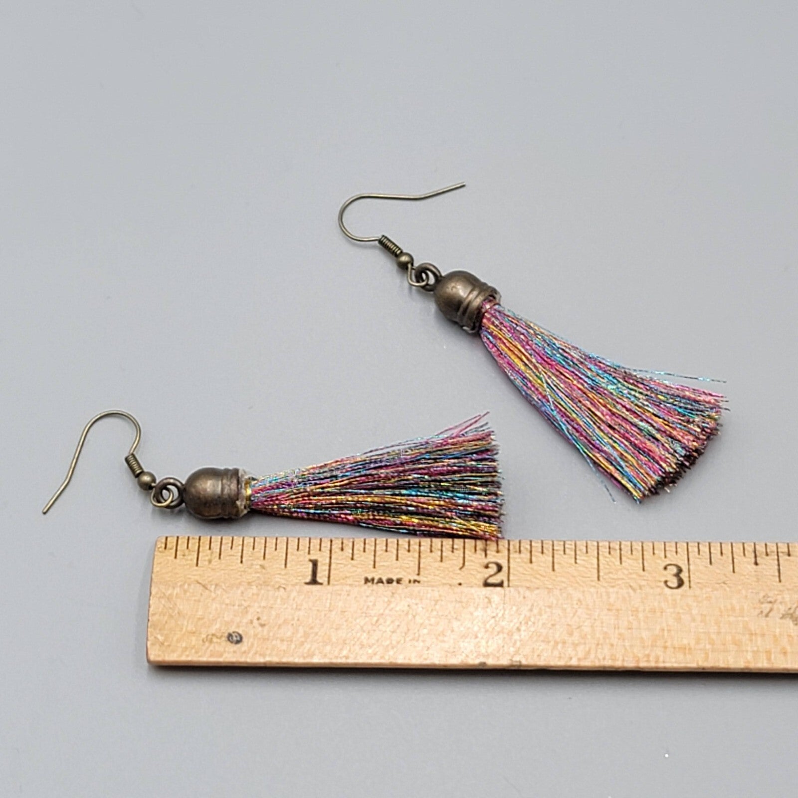 Tassel Pierced Earrings Bronze tone Multicolor Dangle 2"
