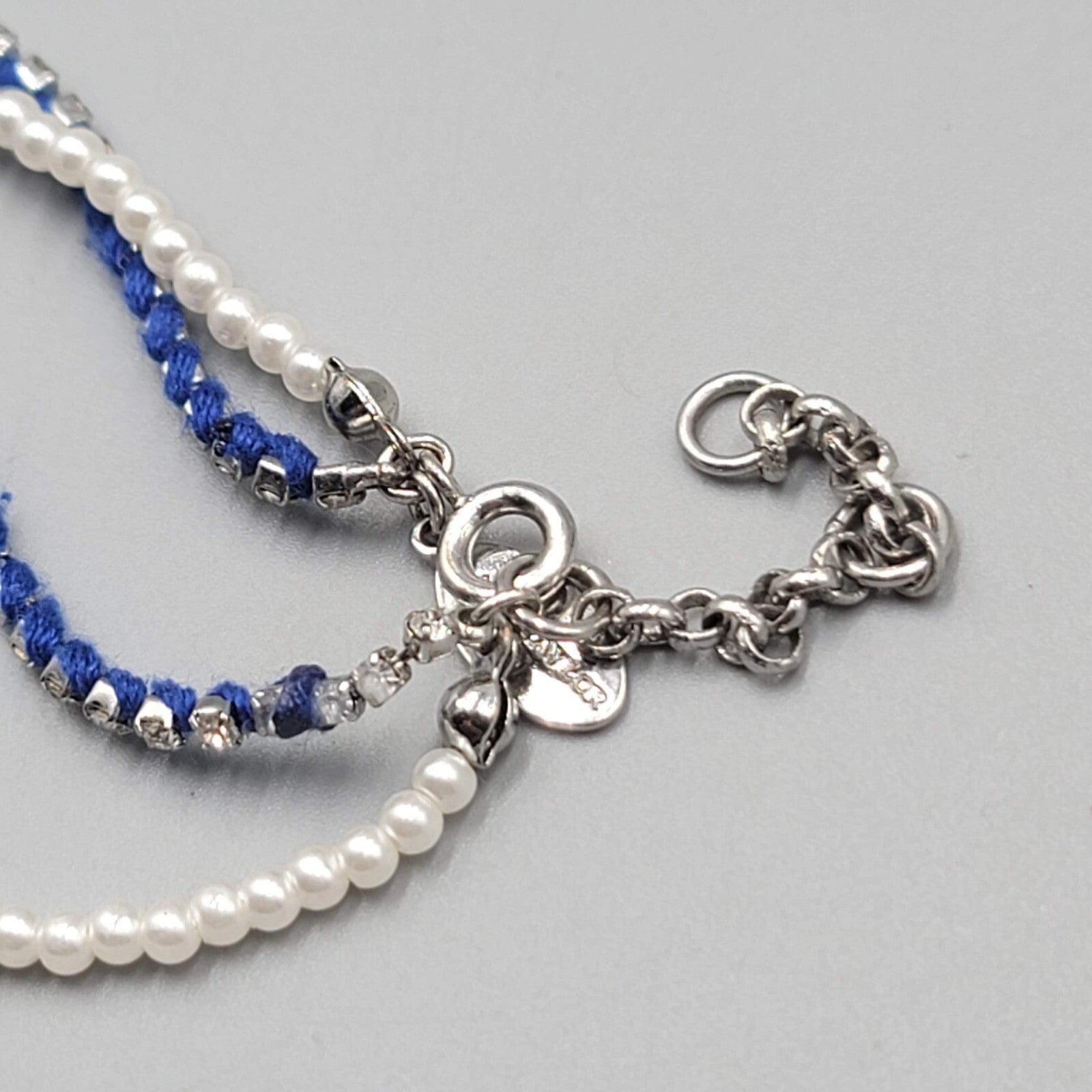 Ann Taylor Bracelet Blue White Bead Silver tone Rhinestone 6.5" - 7" - 7.5" Adj