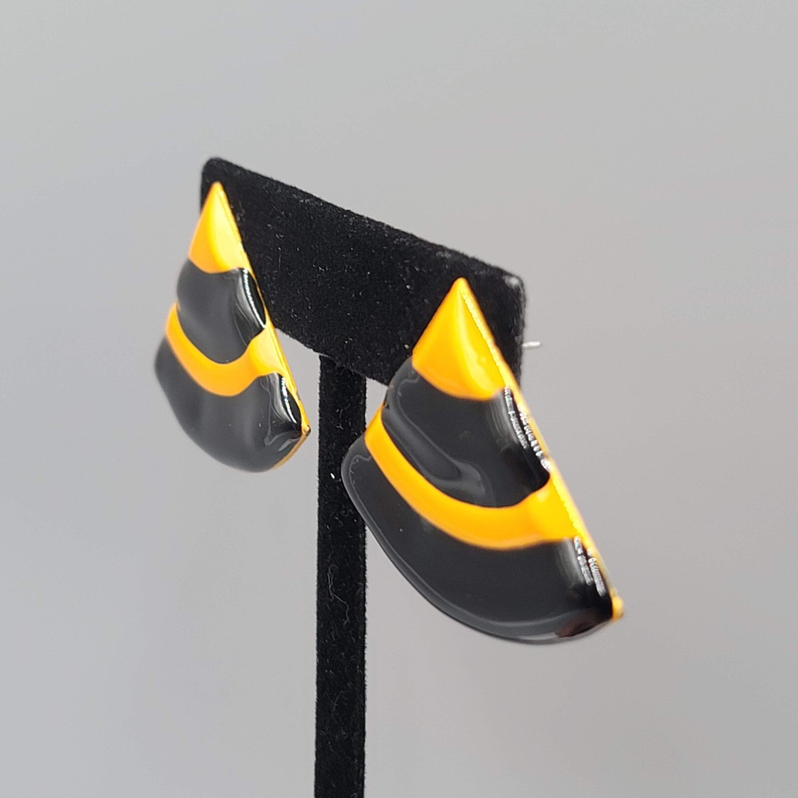Vintage Pierced Earrings Yellow Black Enamel Triangle Drop Statement 80s 1 1/8"