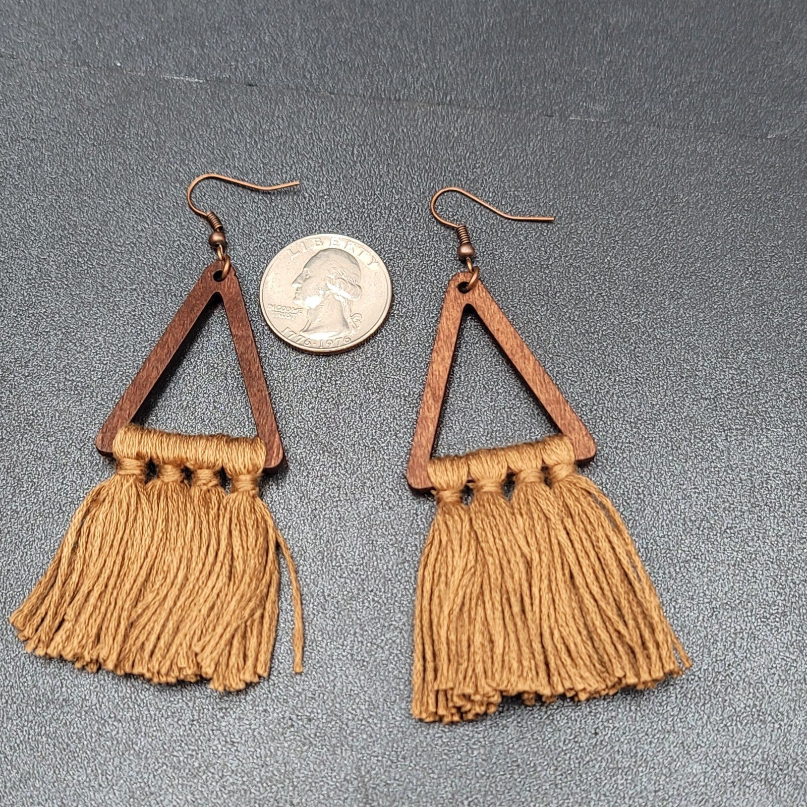 New Boho Pierced Earrings Wood Triangle Gold Brown Tassel Statement 3"