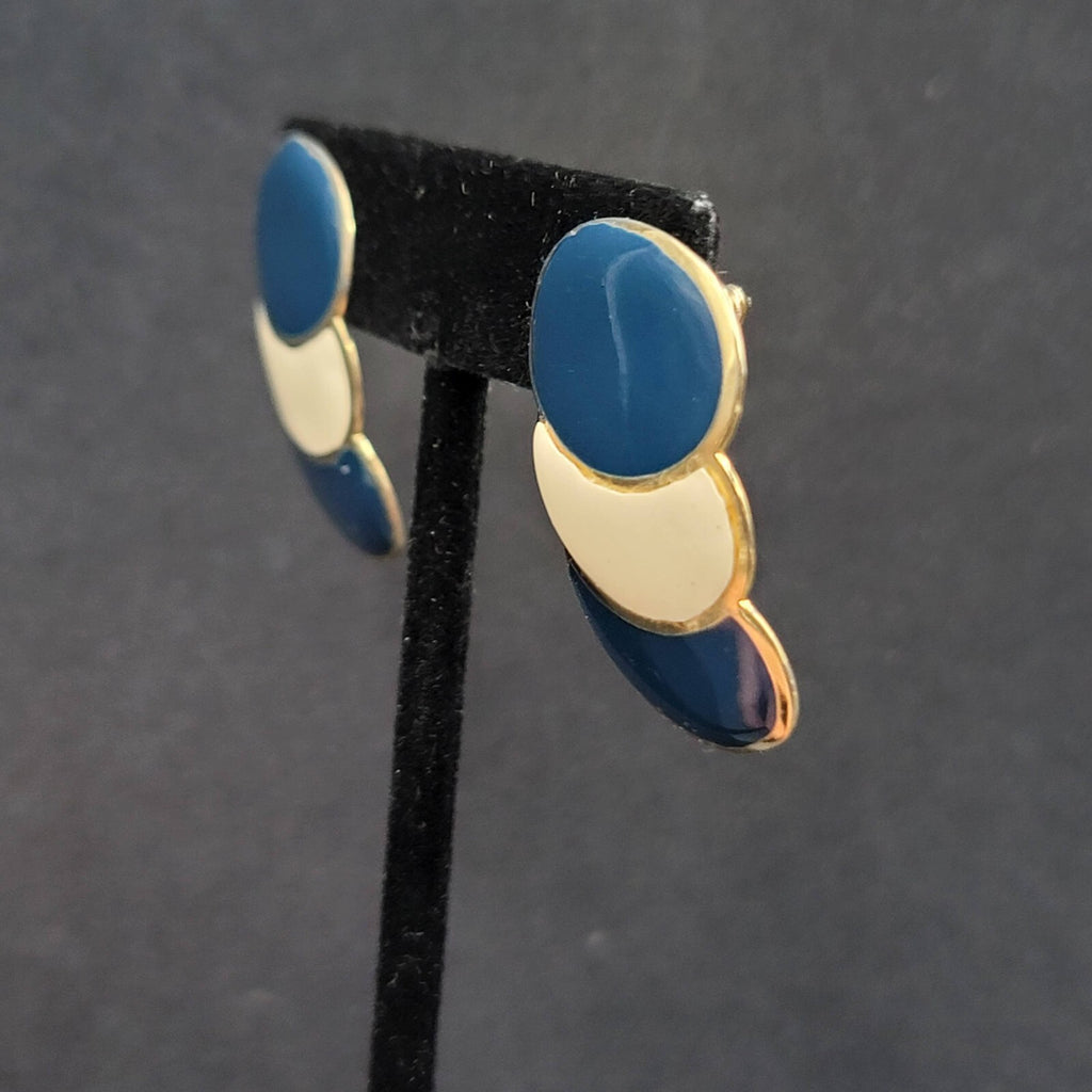 Vintage Pierced Earrings Navy Cream Enamel Drop 80's 1 3/8"