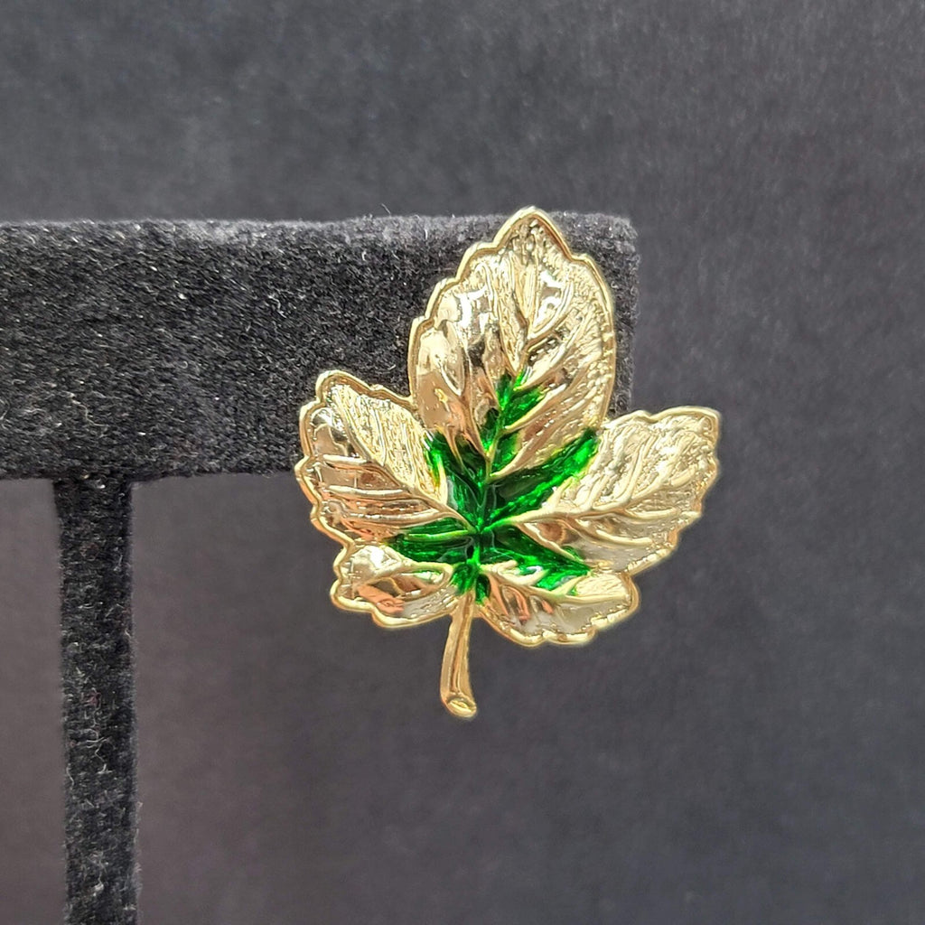 Pierced Earrings Gold tone Green Enamel Leaves Drop 1.25"