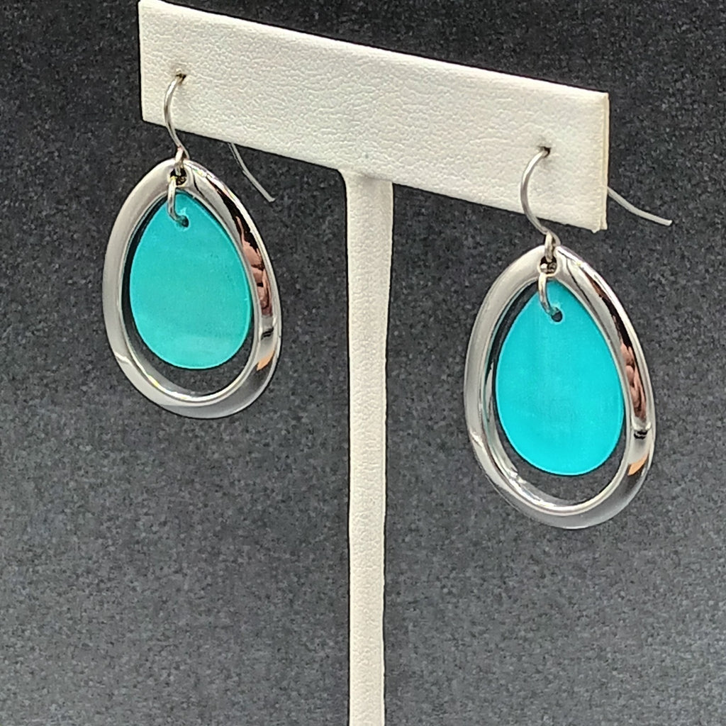 Pierced Earrings Silver tone Blue Teardrop Shell Dangle 1.25"
