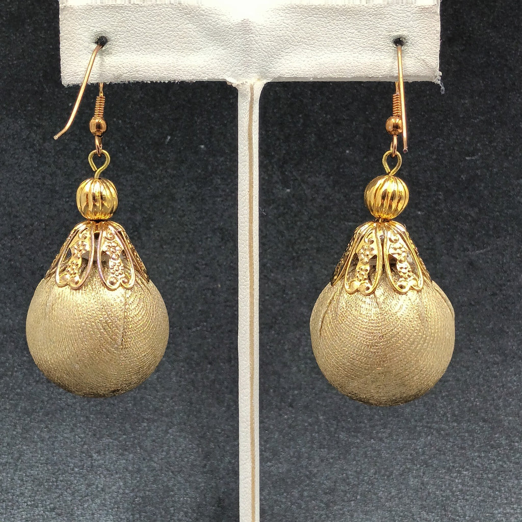 Pierced Earrings Gold tone Christmas Ornament Fabric Wrapped Ball Dangle 1 3/4"