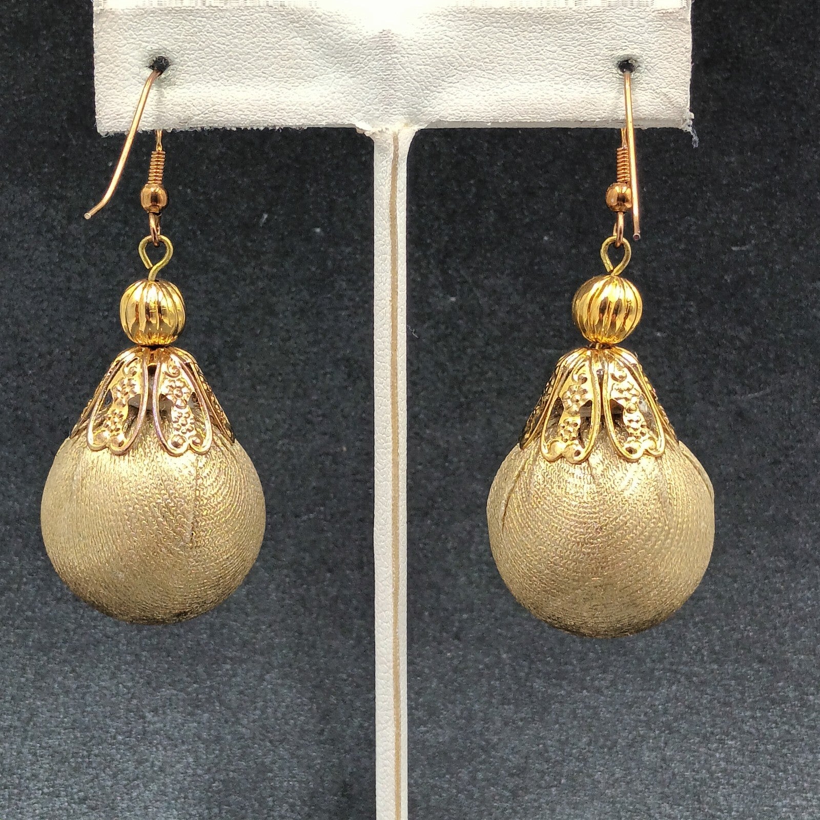 Pierced Earrings Gold tone Christmas Ornament Fabric Wrapped Ball Dangle 1 3/4"