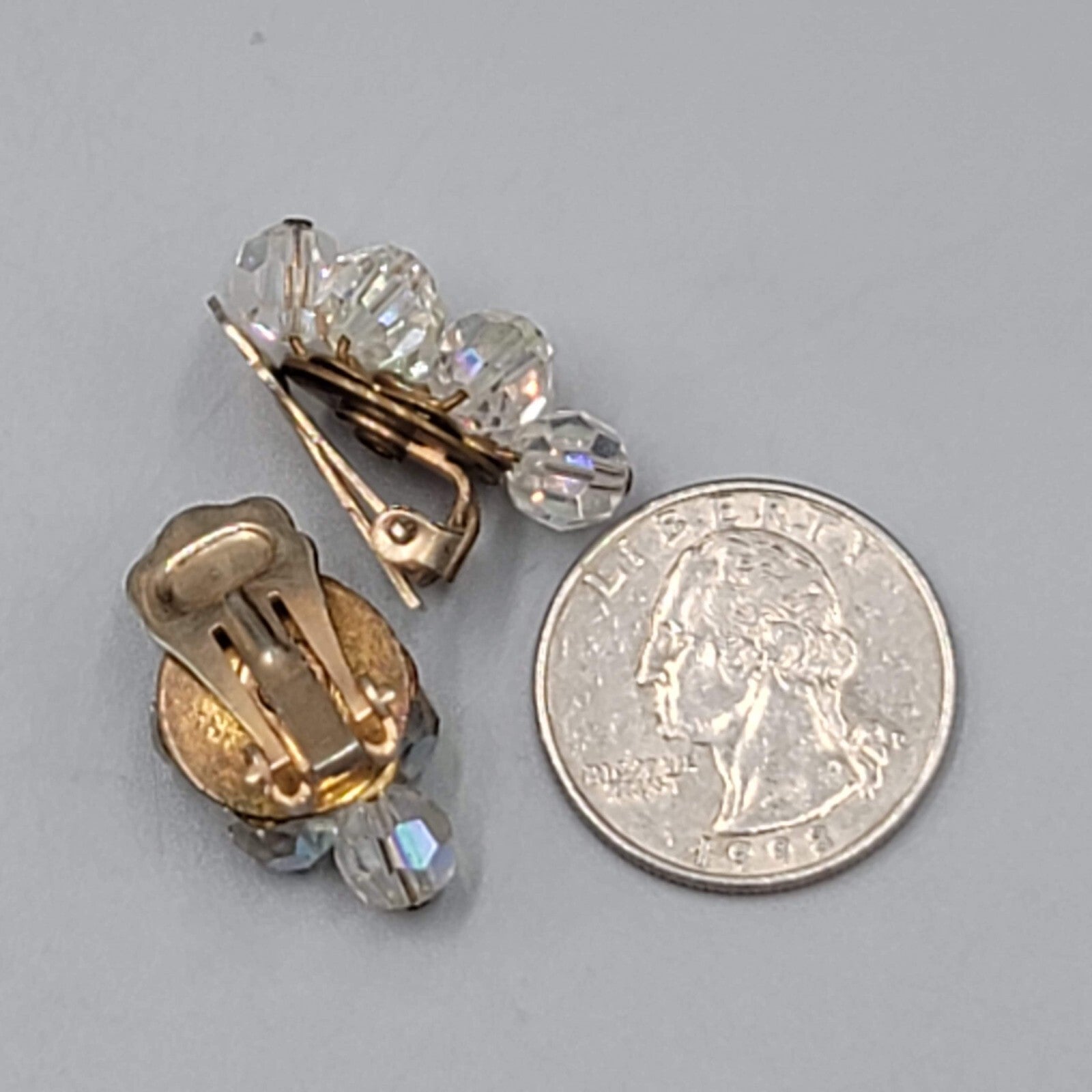 Vintage AB Bead Clip on Earrings Aurora Borealis Gold tone 1"