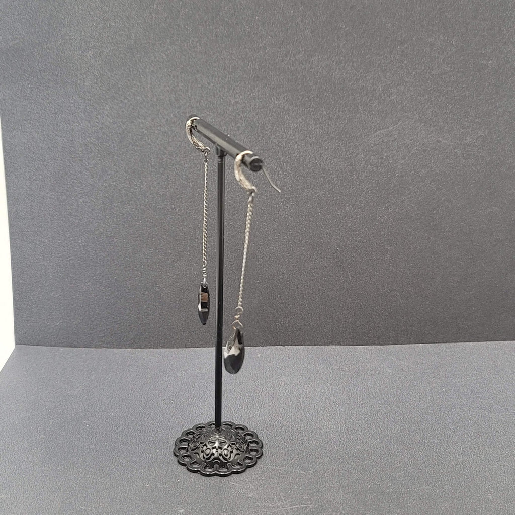 Pierced Earrings Gun Metal Black Glass Faceted Teardrop Bead Dangle Chain 2.5"