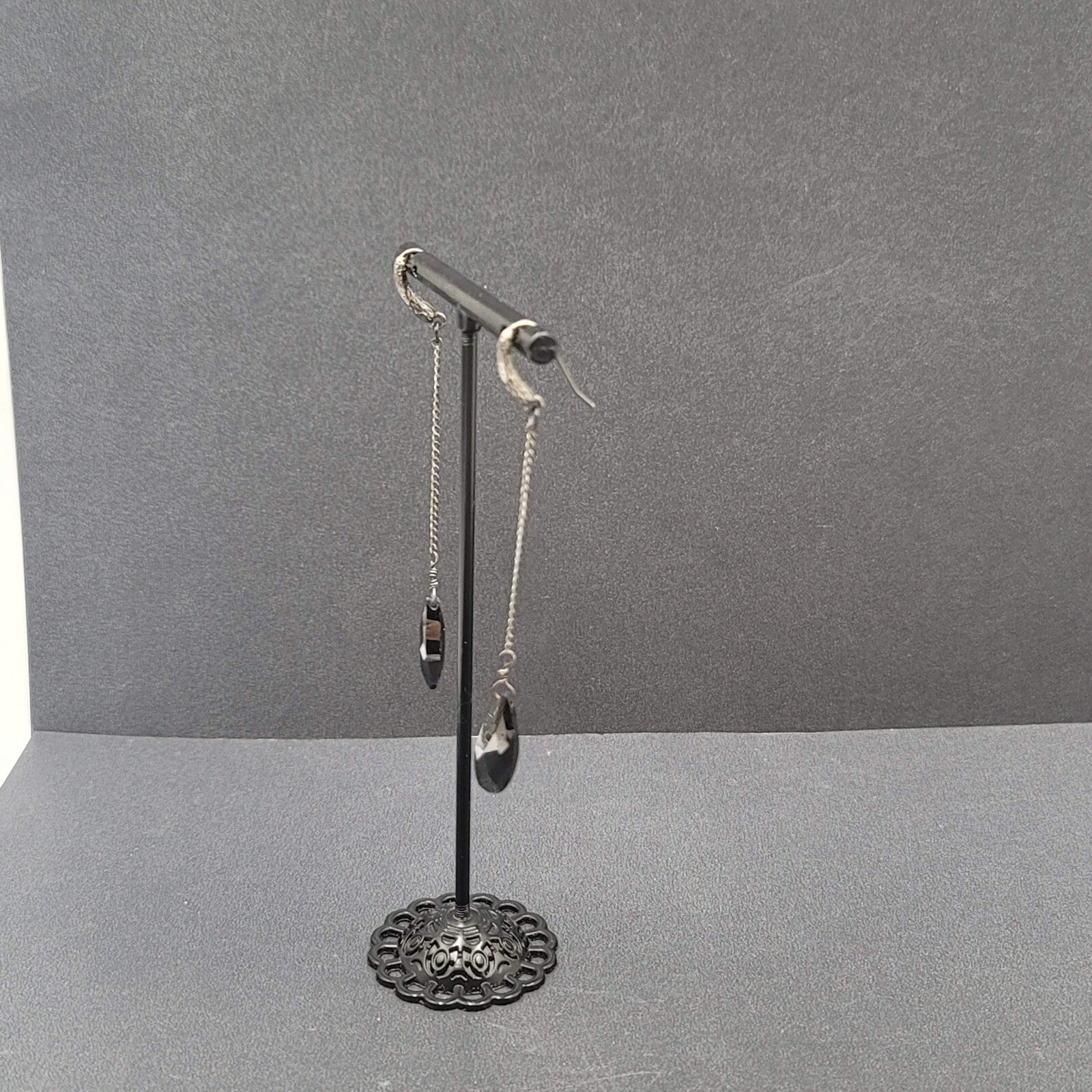 Pierced Earrings Gun Metal Black Glass Faceted Teardrop Bead Dangle Chain 2.5"