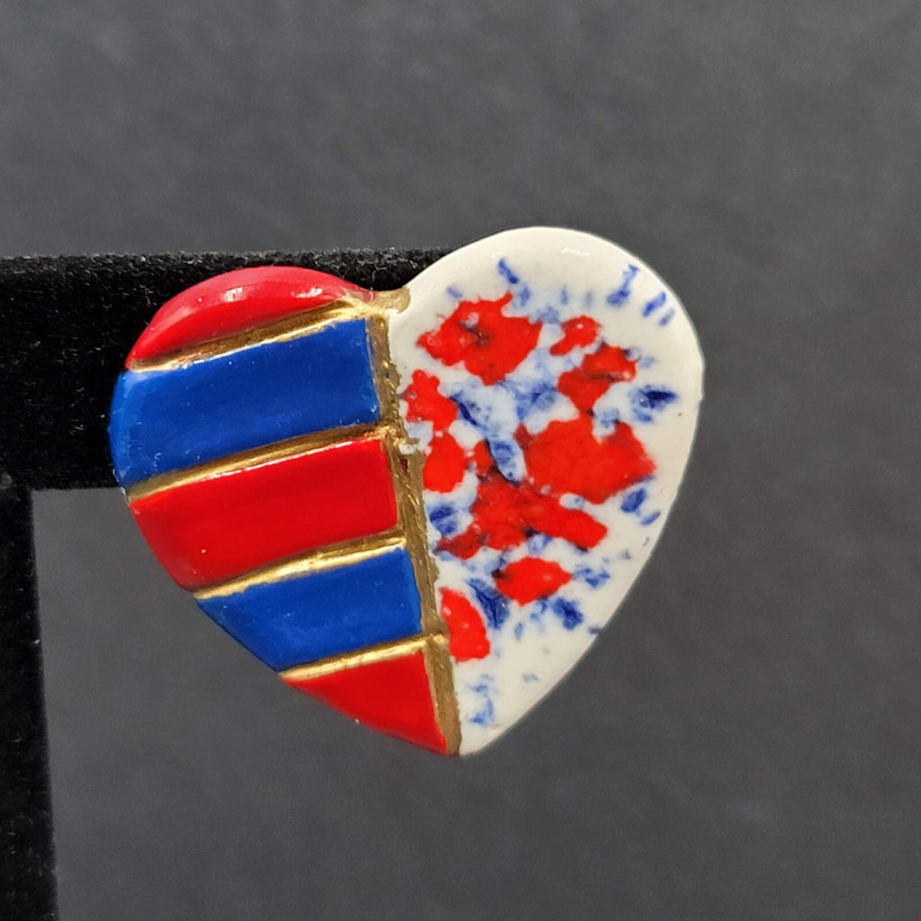 Vtg Heart Pierced Earrings Ceramic Hand Painted Patriotic Red White Blue 1.25"
