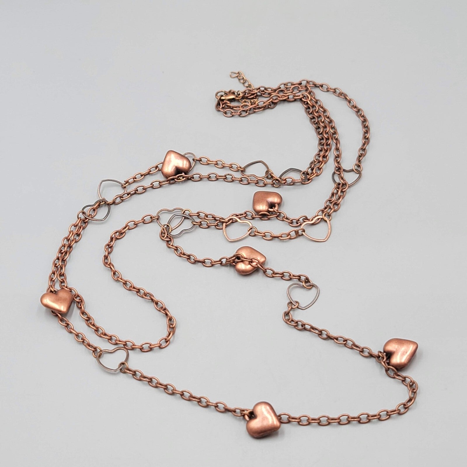 Heart Necklace Copper tone Double Chain 28" 36" +2.75"