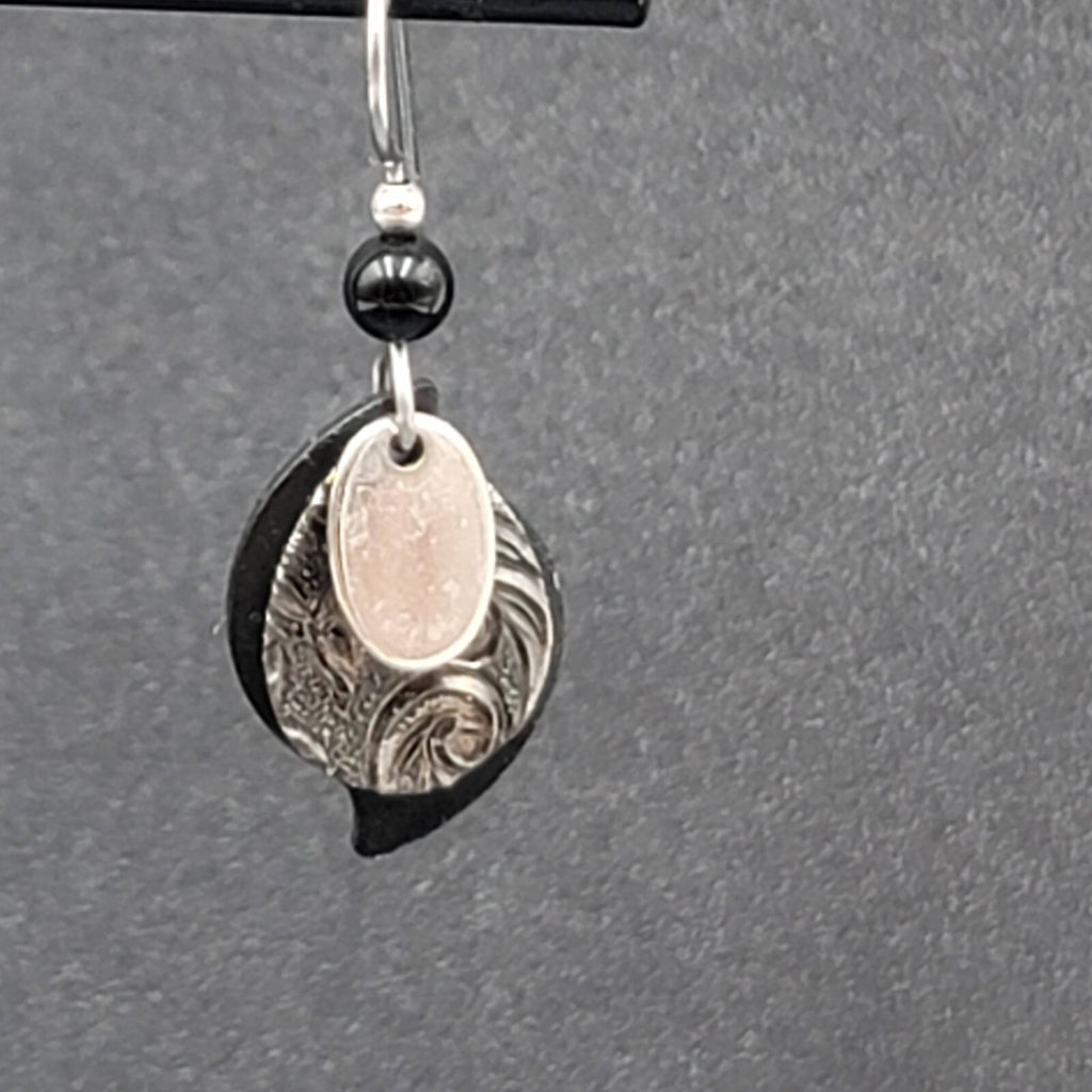 Pierced Earrings Silver tone Black Bead Layered Metal Dangle  3/4"