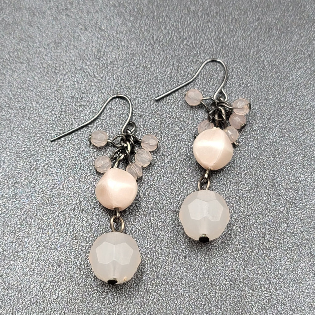 Pierced Earrings Black Metal Pale Pink Beads Dangle 1.5"