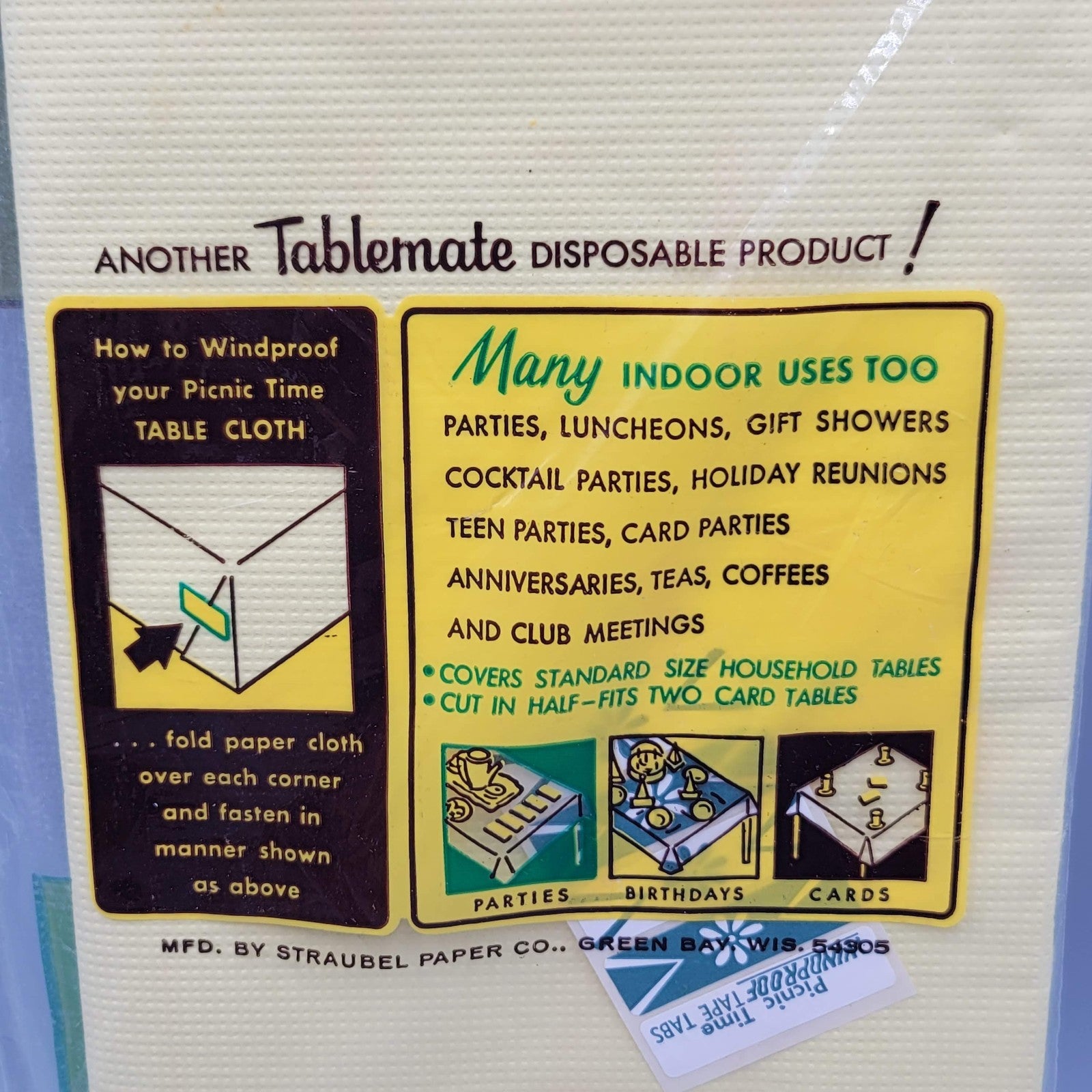 Vintage Yellow Windproof Picnic Time Disposable Table Cloth 6'.6"x3'.4" NIP Prop