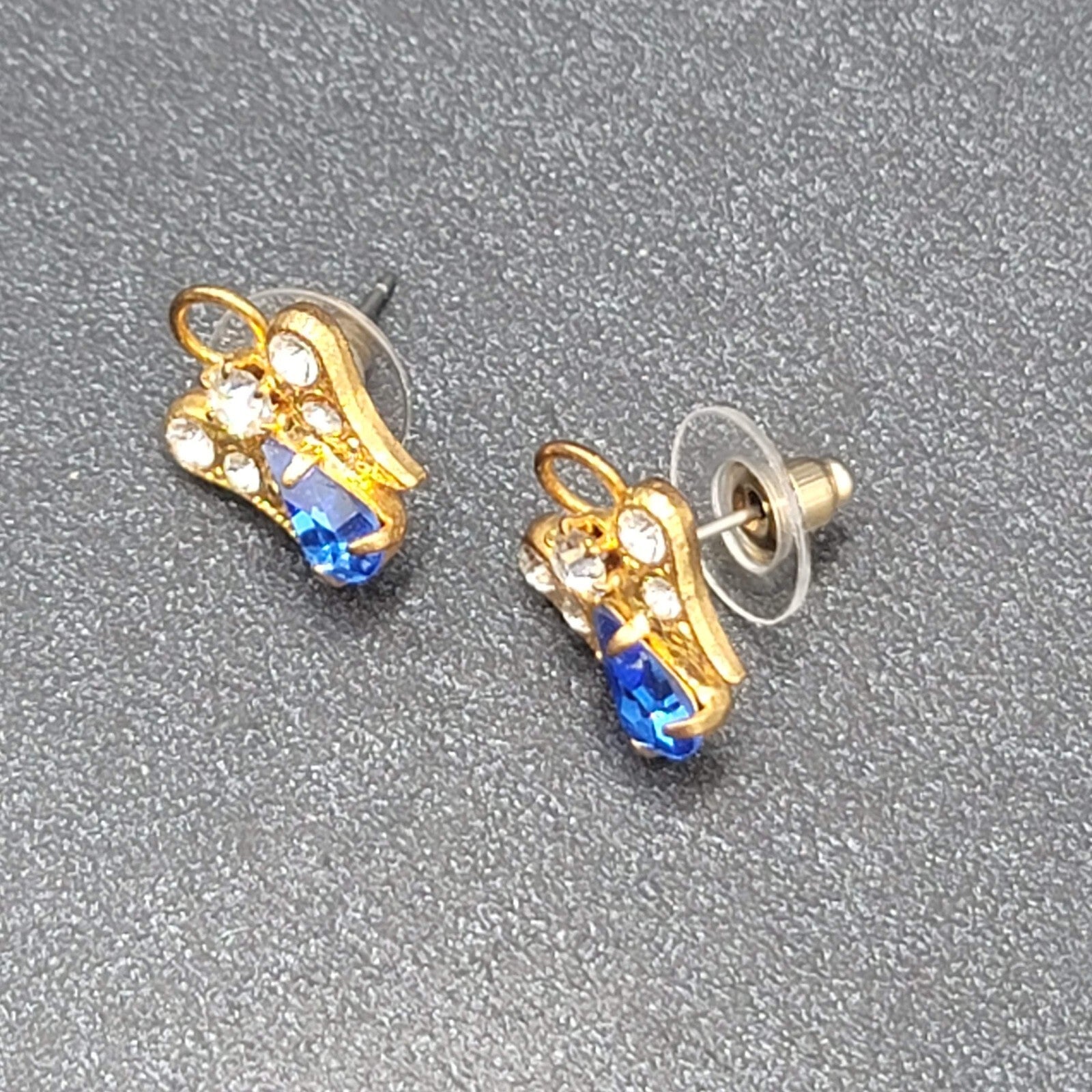 Vintage Pierced Earrings Gold tone Open Angel Blue Crystal Studs 5/8"