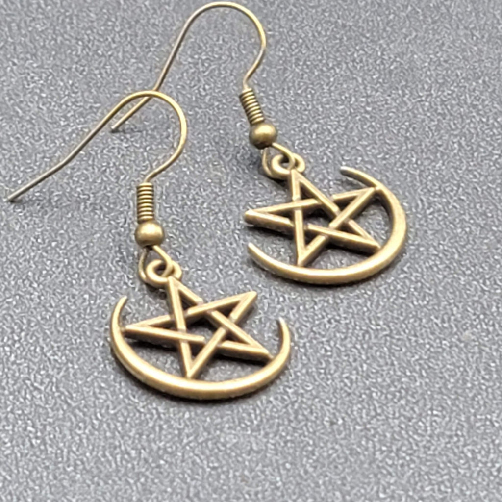 Pentagram Pierced Earrings Half Moon Star Bronze tone Dangle 3/4"