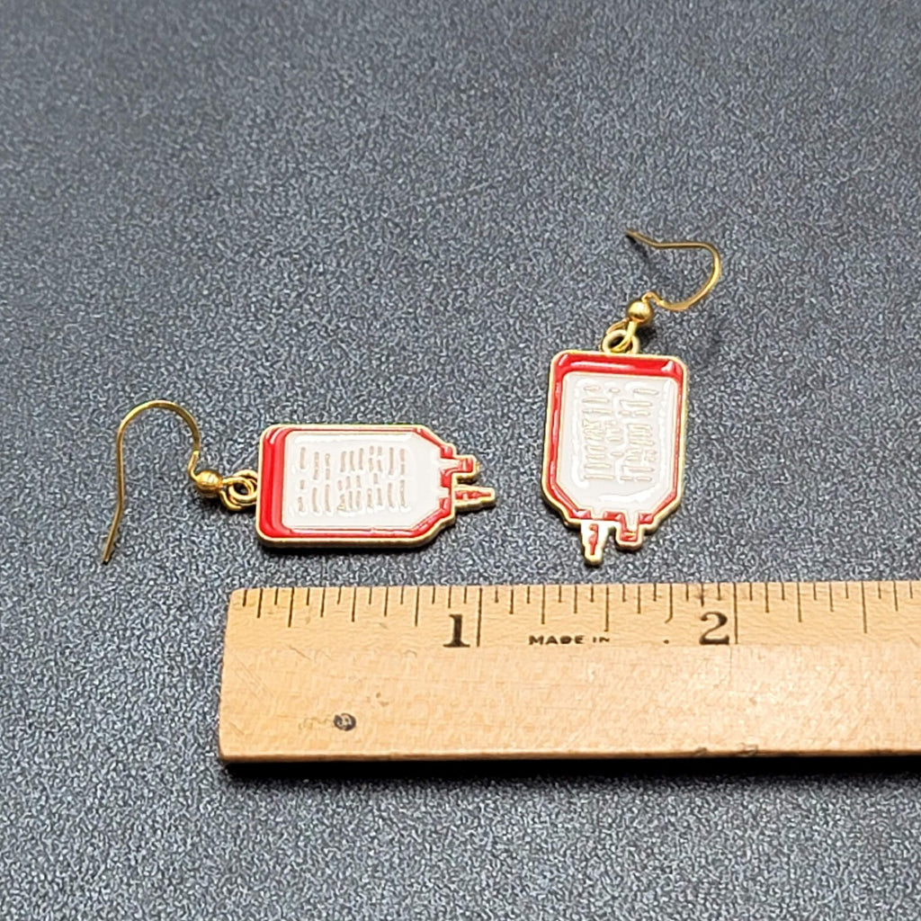 Nurse Pierced Earrings Medical IV Bag Red White Enamel Gold tone Dangle 1"