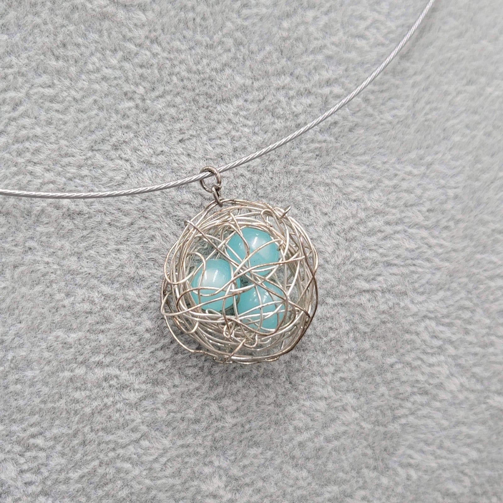Birds Nest Pendant Necklace Blue Moonglow Beads Silver tone Wire 18"
