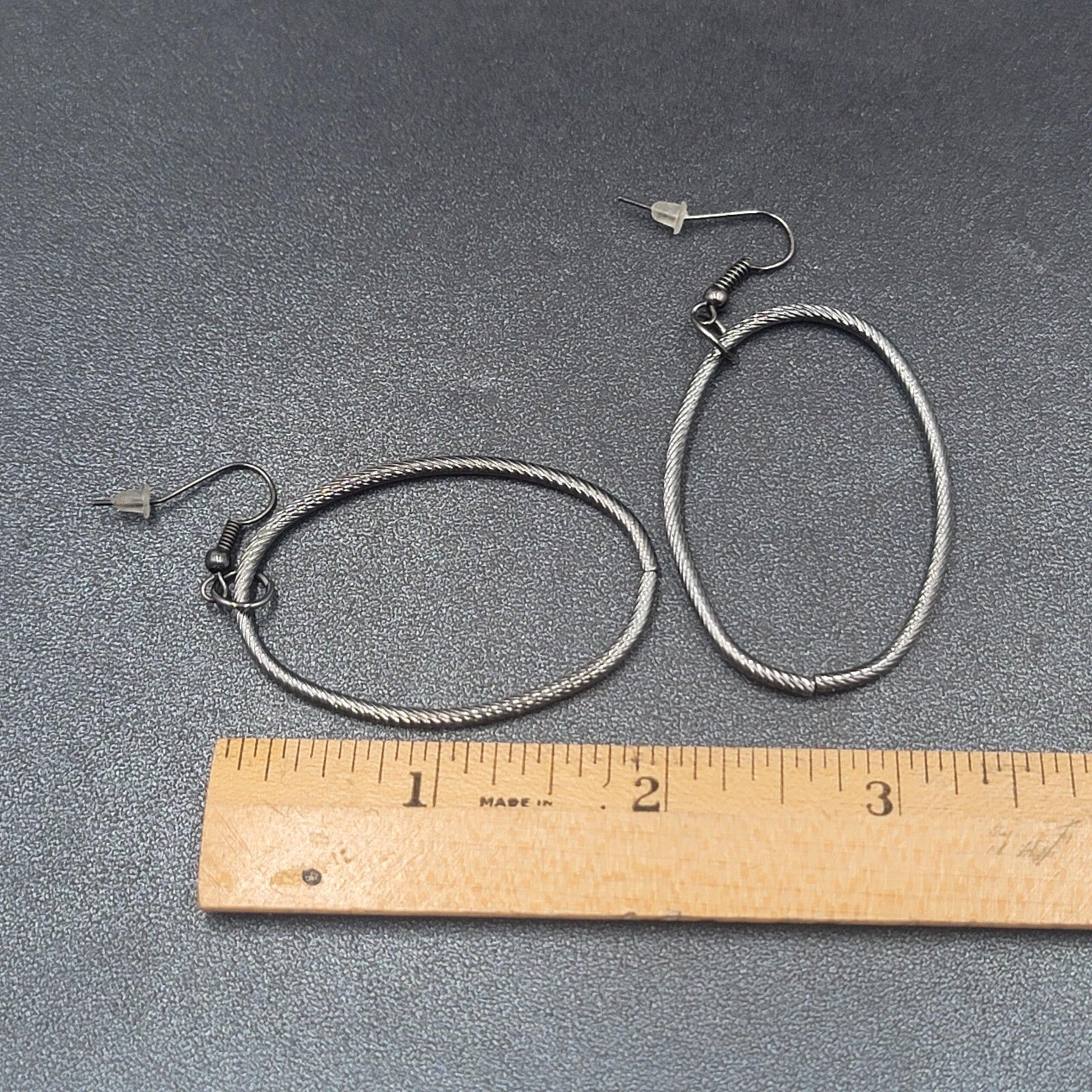 Pierced Earrings Black Metal Textured Oval Long Hoops Dangle 2"