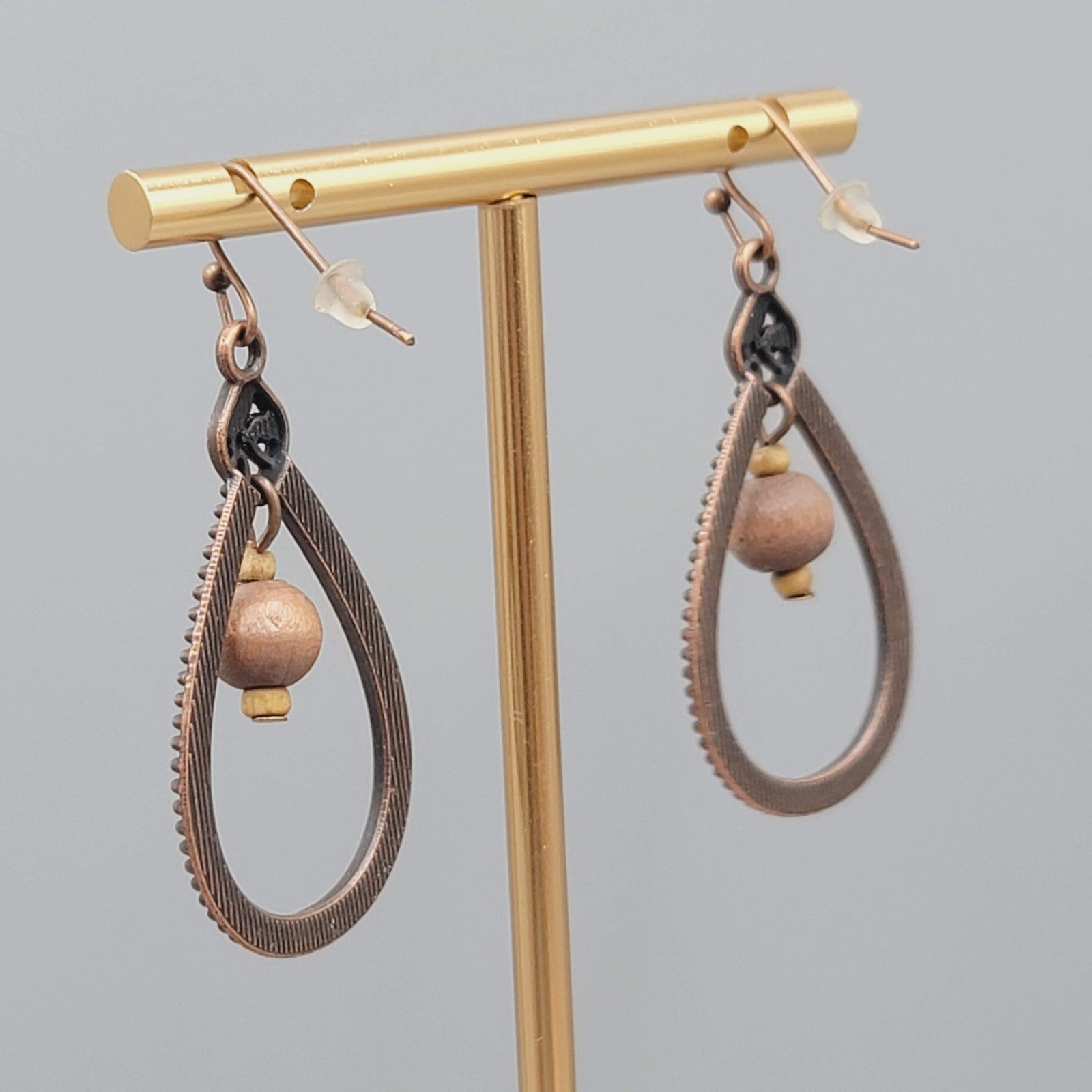 Open Teardrop Wood Bead Pierced Earrings Bronze tone Dangle 1.5"