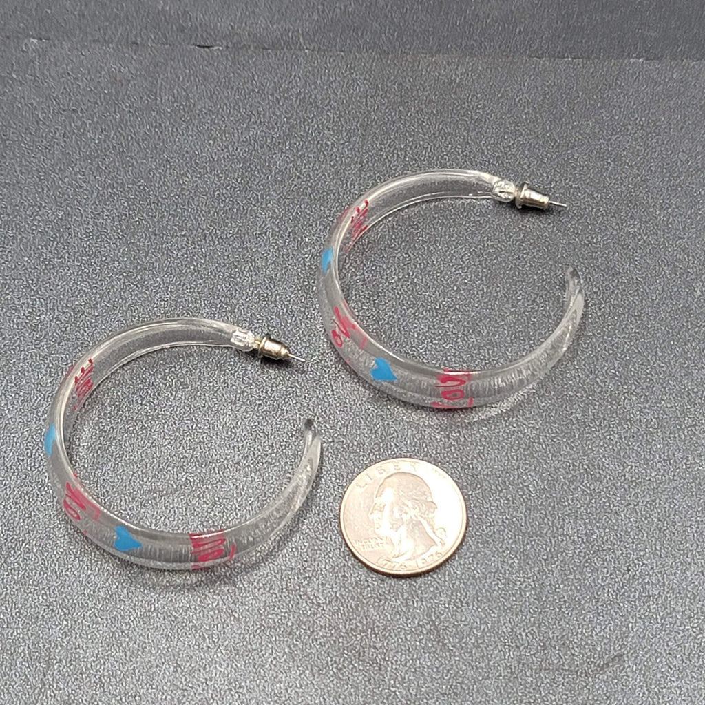 Pierced Earrings Clear Acrylic Large Hoops LOVE HEARTS 2"