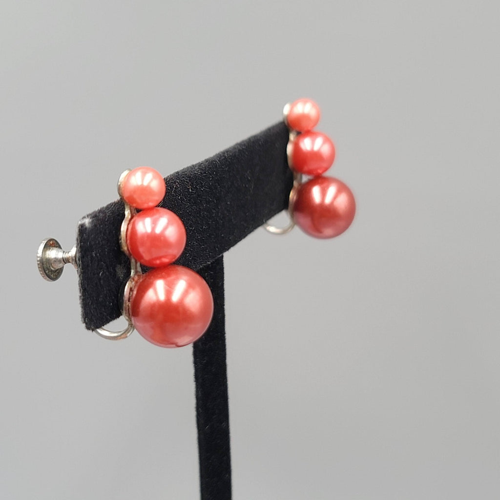Vintage Clip on Earrings Cranberry Pink Bead Climber 7/8"