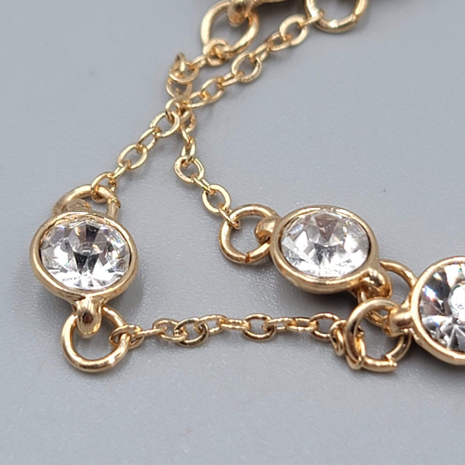 Double Chain Station Rhinestone Bracelet Gold tone 7"-8.75" Adj