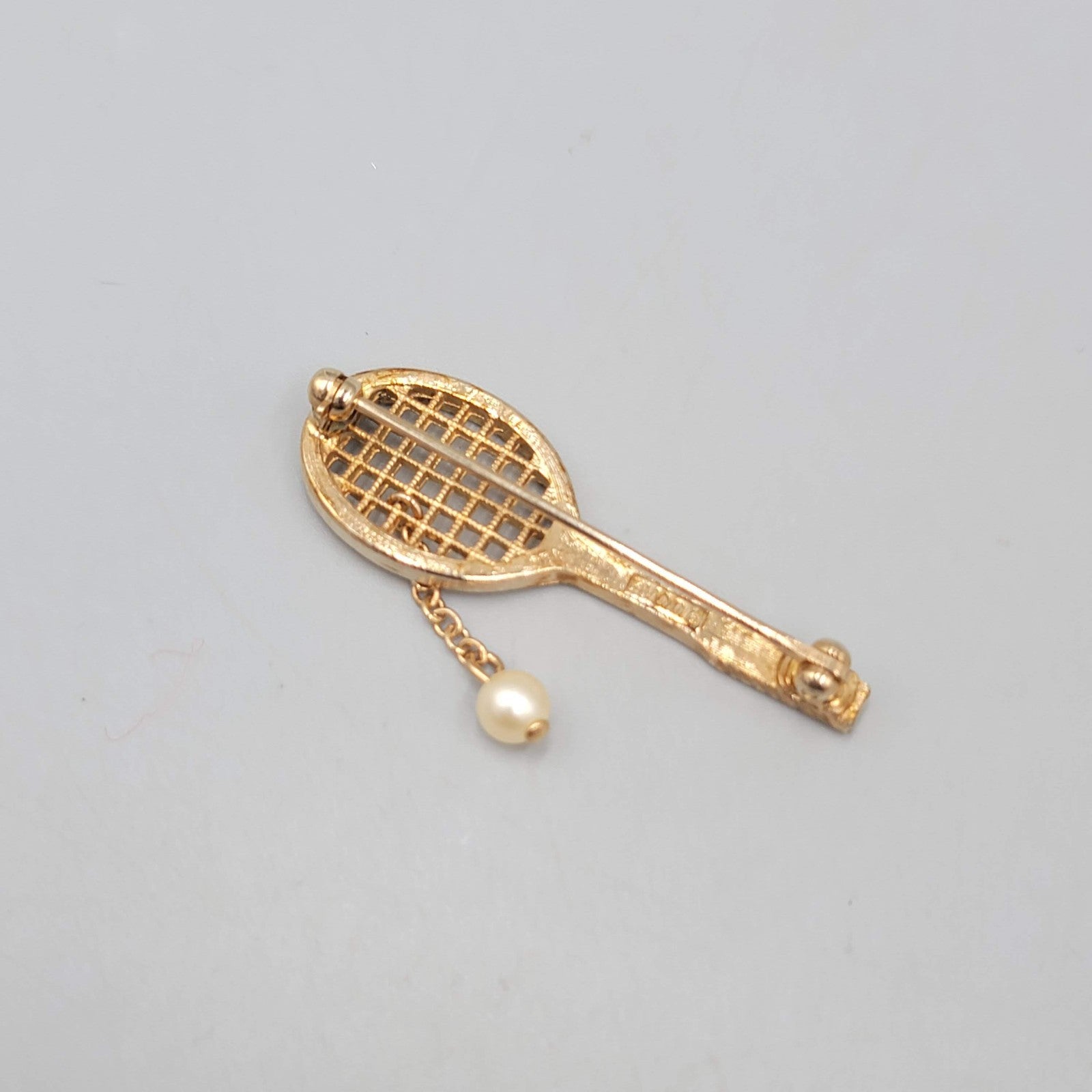 Vintage Avon Tennis Racquet Brooch Faux Pearl Dangle Gold tone 