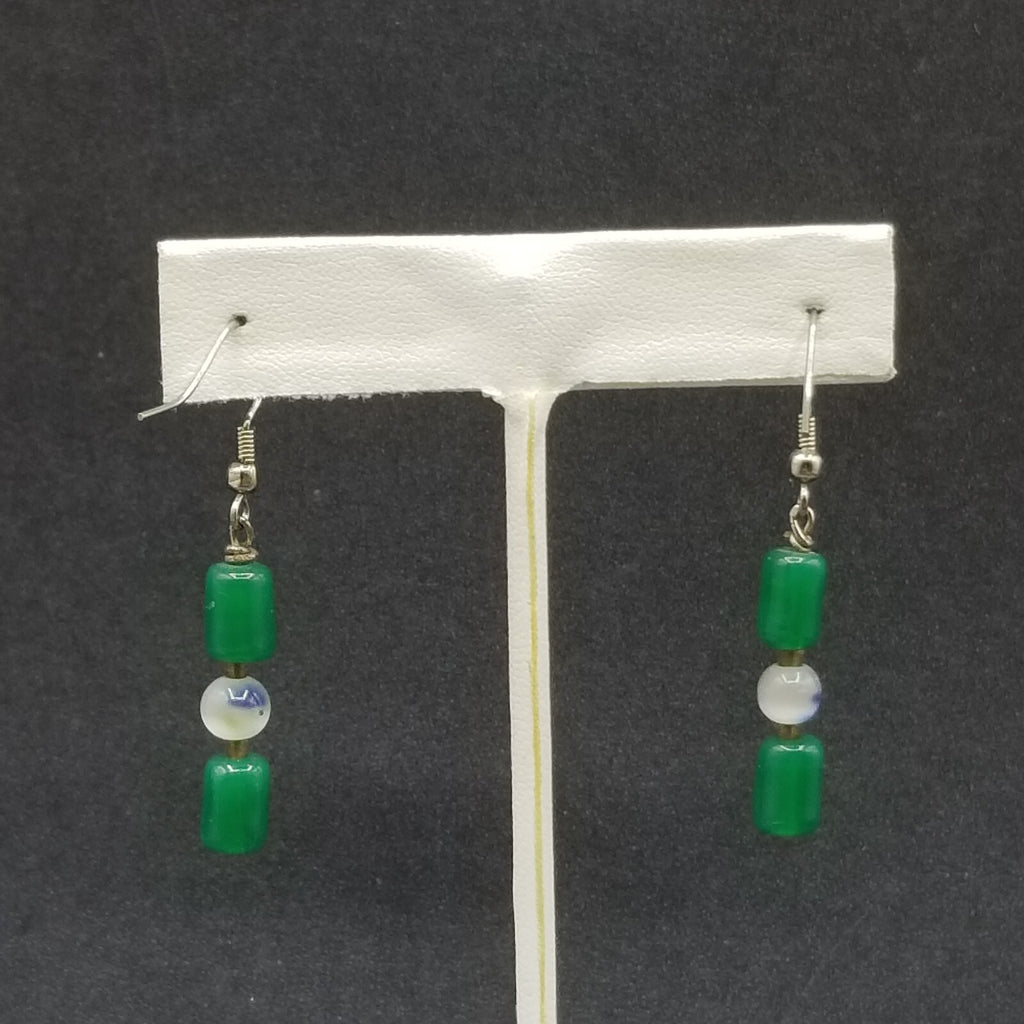 Pierced Earrings Silver tone Green Stone White Cats Eye Beaded Dangle 1"