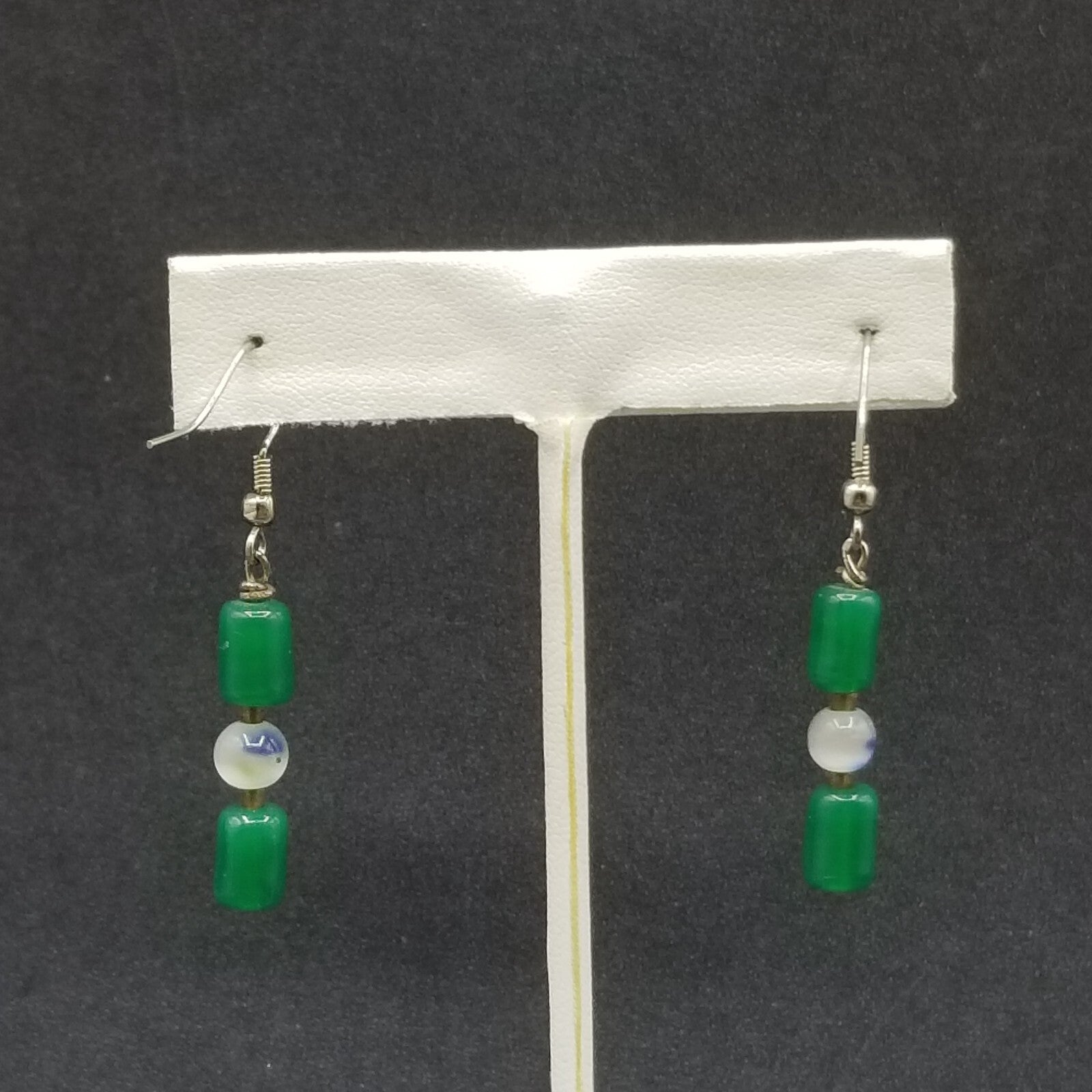 Pierced Earrings Silver tone Green Stone White Cats Eye Beaded Dangle 1"