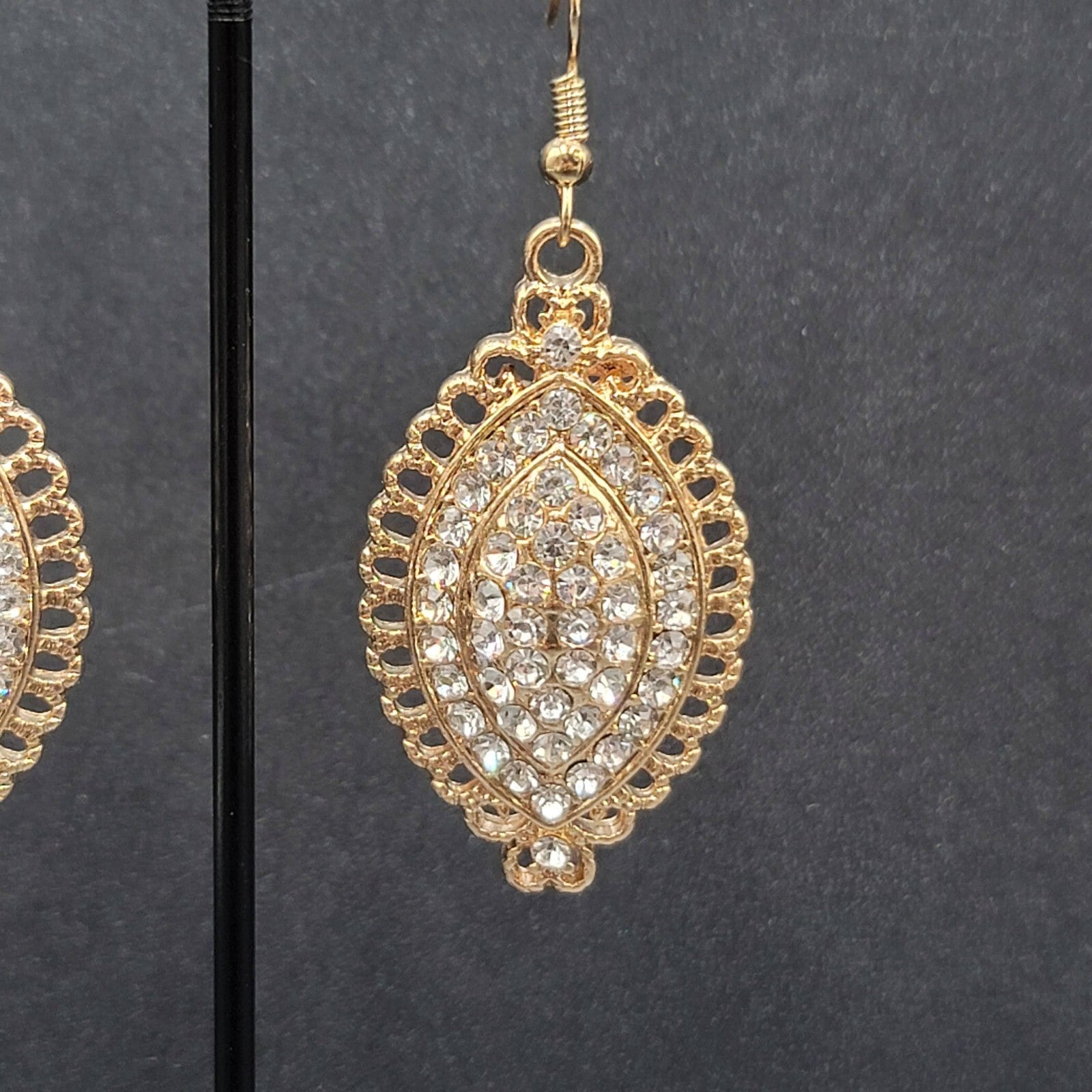 Pierced Earrings Gold Plated Crystal Rhinestone Sparkle Statement 1.75"