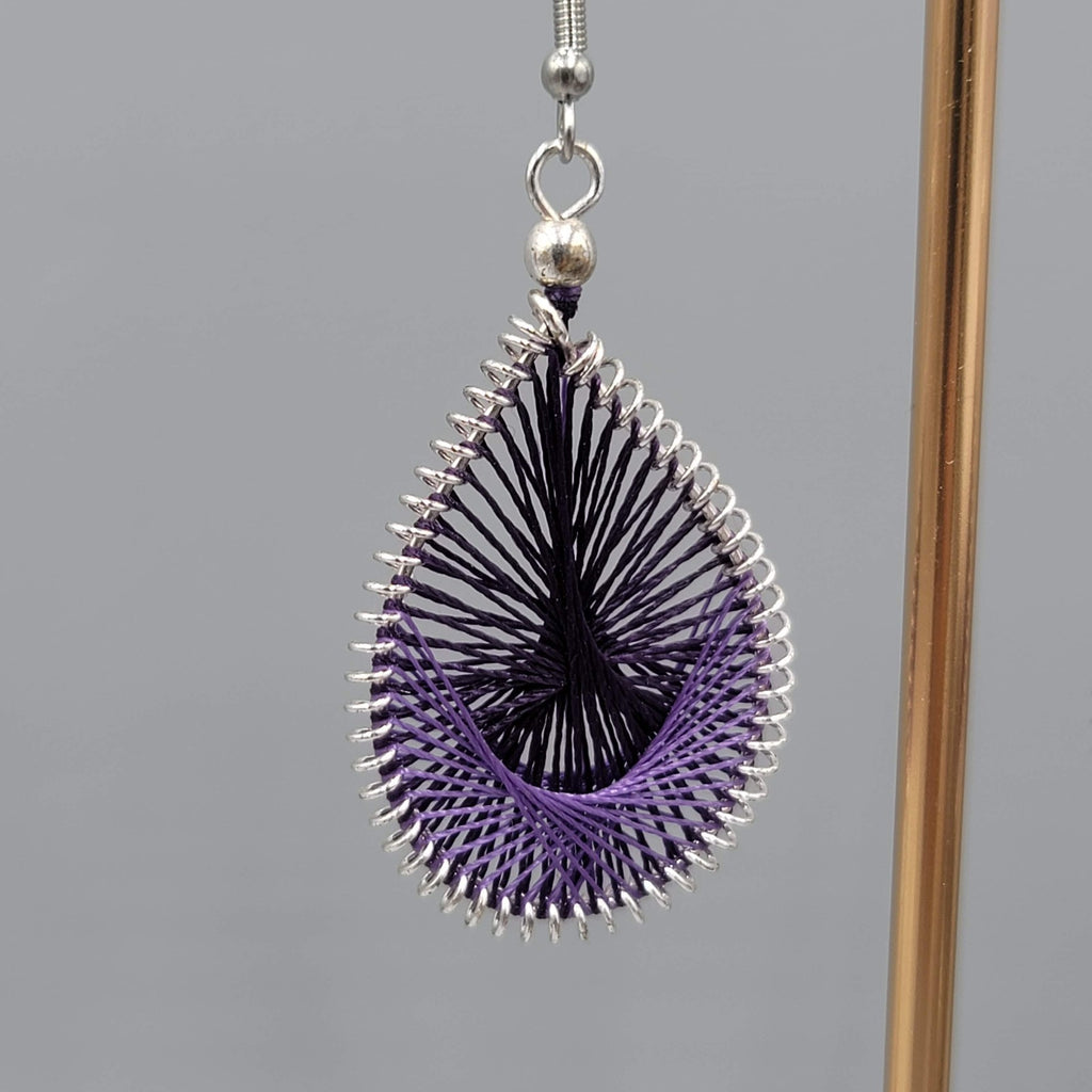Purple String Art Pierced Earrings Silver tone Dangle 1.75 in