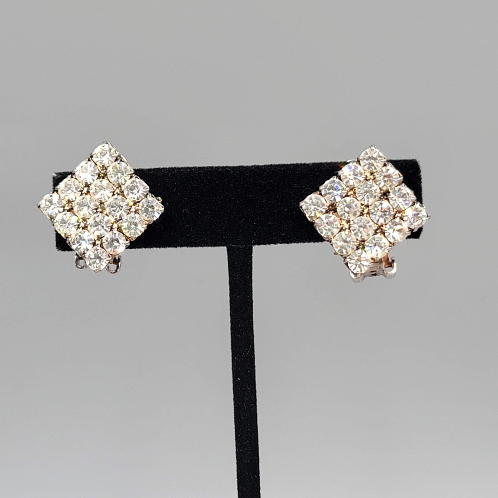 Vintage Square Rhinestone Clip on Earrings Silver tone 7/8"
