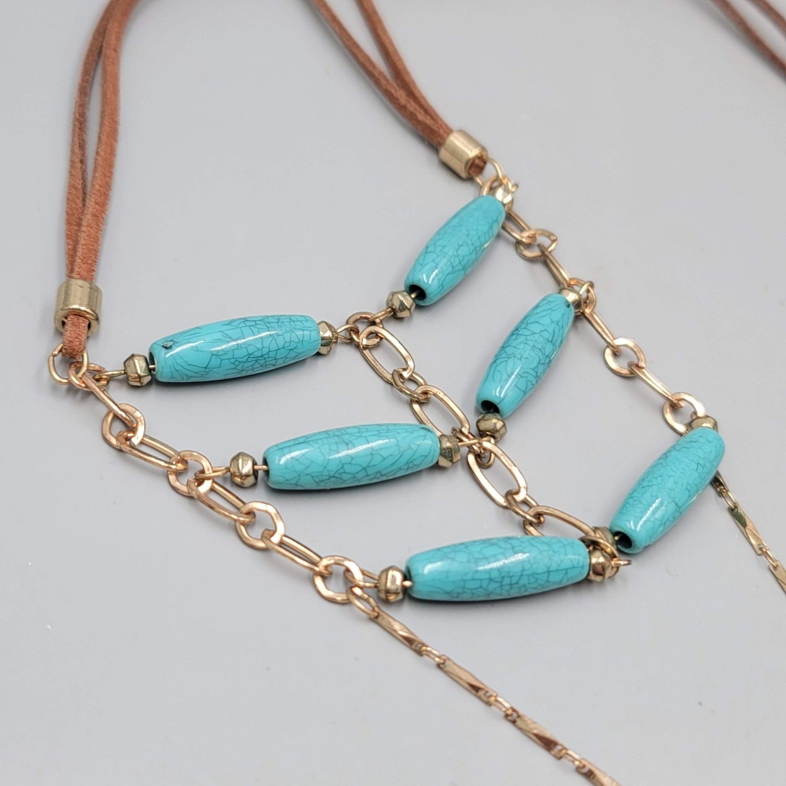 LONG Leather Southwest Style Necklace Blue Bead 40"
