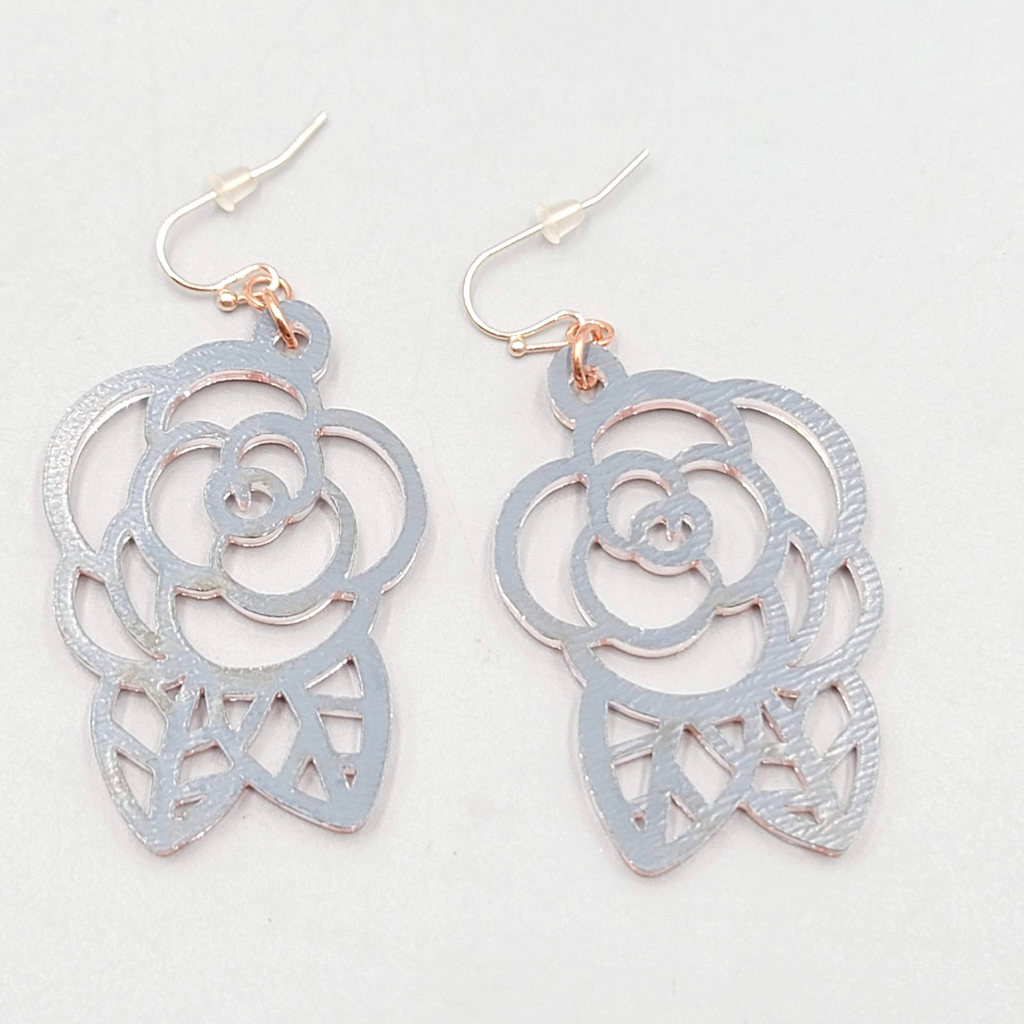 Pink Mirrored Open Work Flower Pierced Earrings Silver tone Dangle 2"