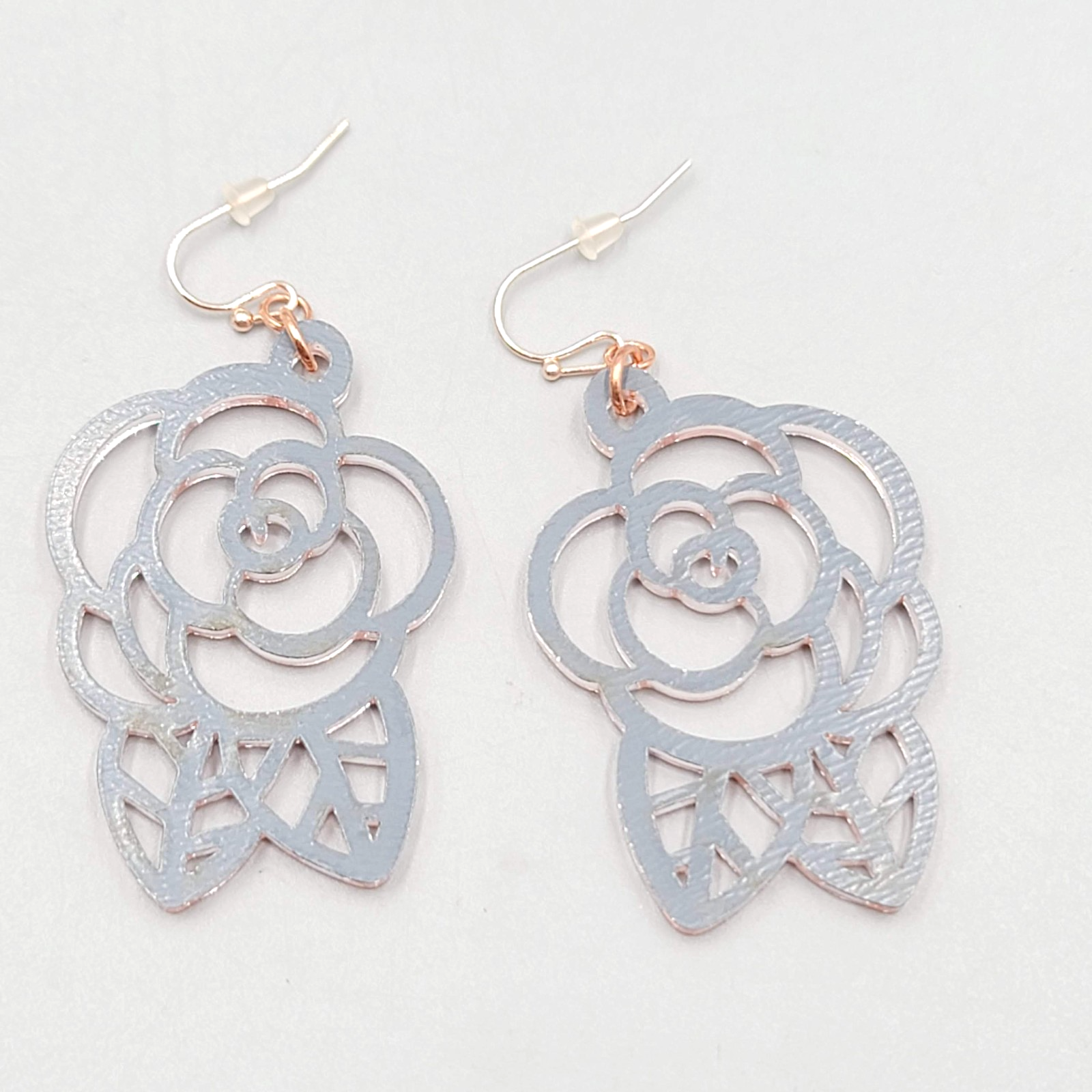 Pink Mirrored Open Work Flower Pierced Earrings Silver tone Dangle 2"
