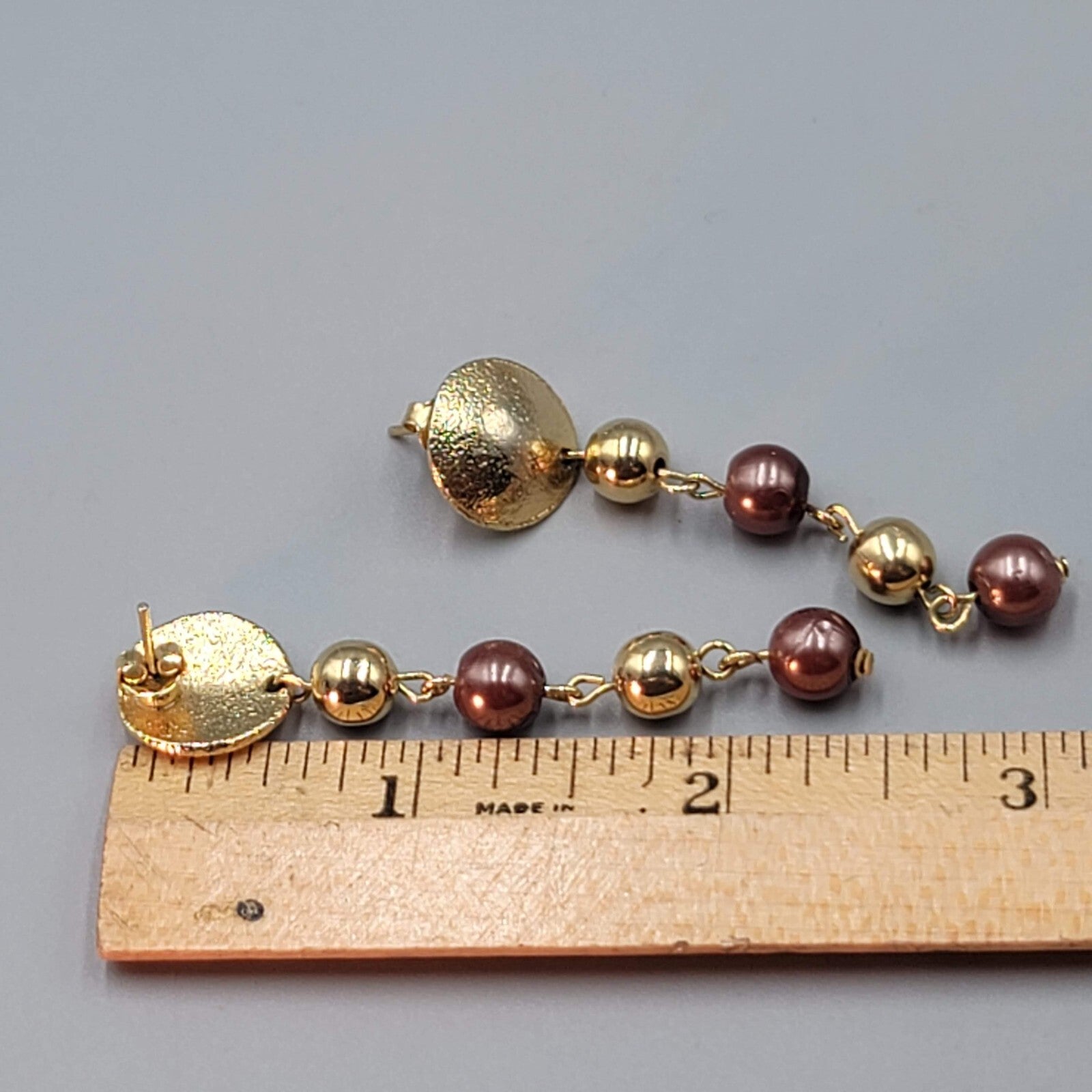 Pierced Earrings Gold Plated Bead Dangle 2.25"