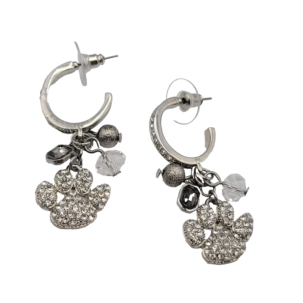 Puppy Paw Crystal Rhinestone Pierced Earrings  Silver tone Dangle Bead 1.75 in
