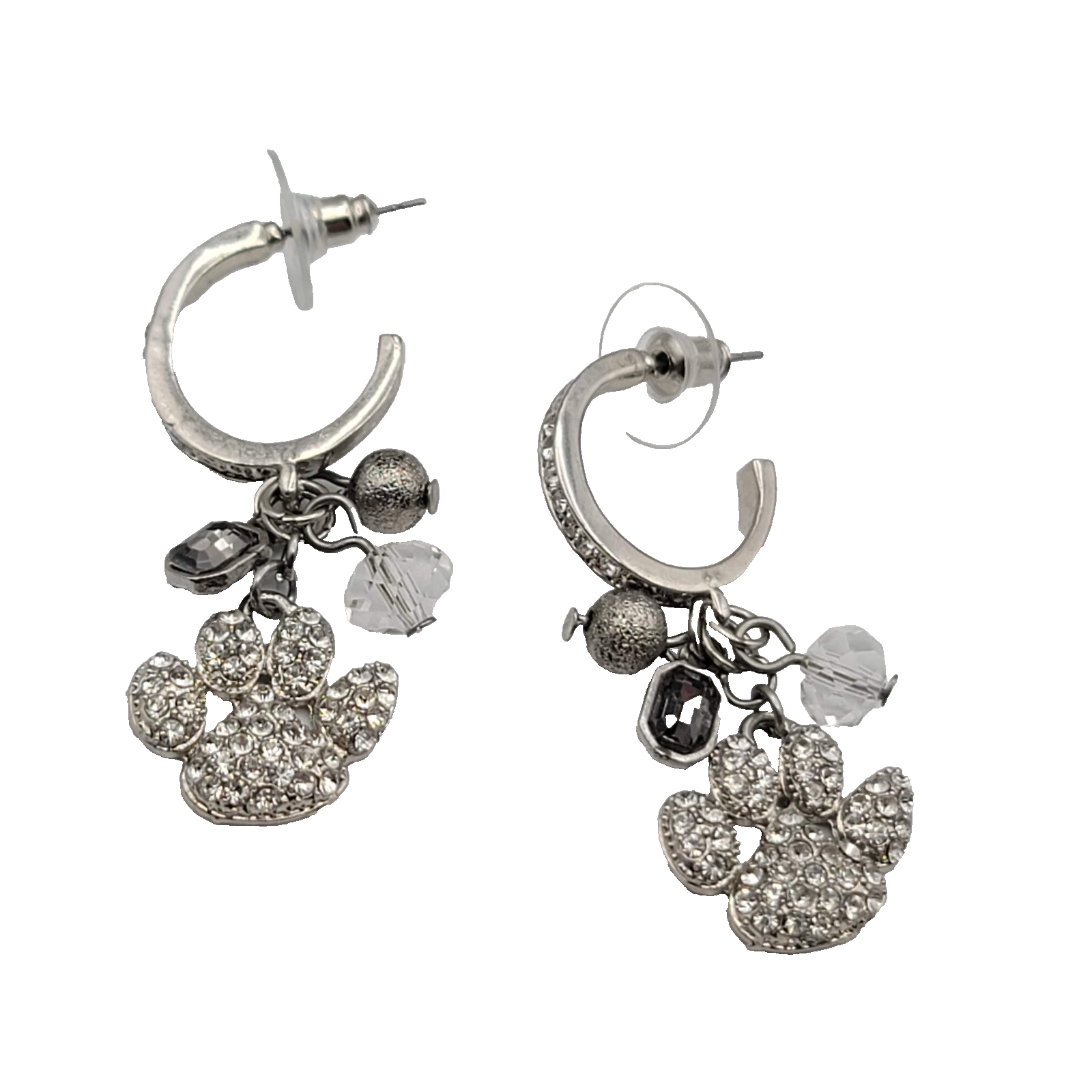 Puppy Paw Crystal Rhinestone Pierced Earrings  Silver tone Dangle Bead 1.75 in