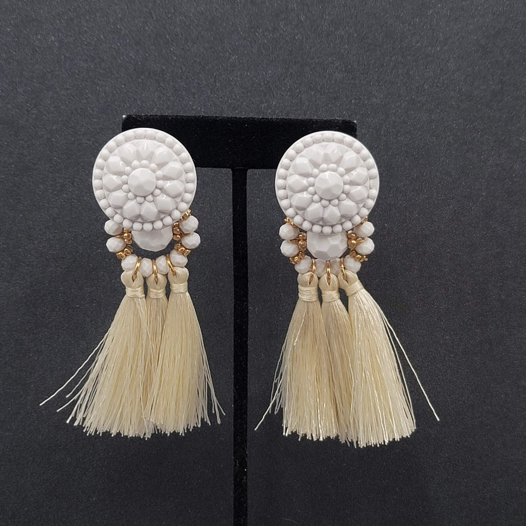 Large Statement Pierced Earrings White Acrylic Tassel Dangle 3.5"