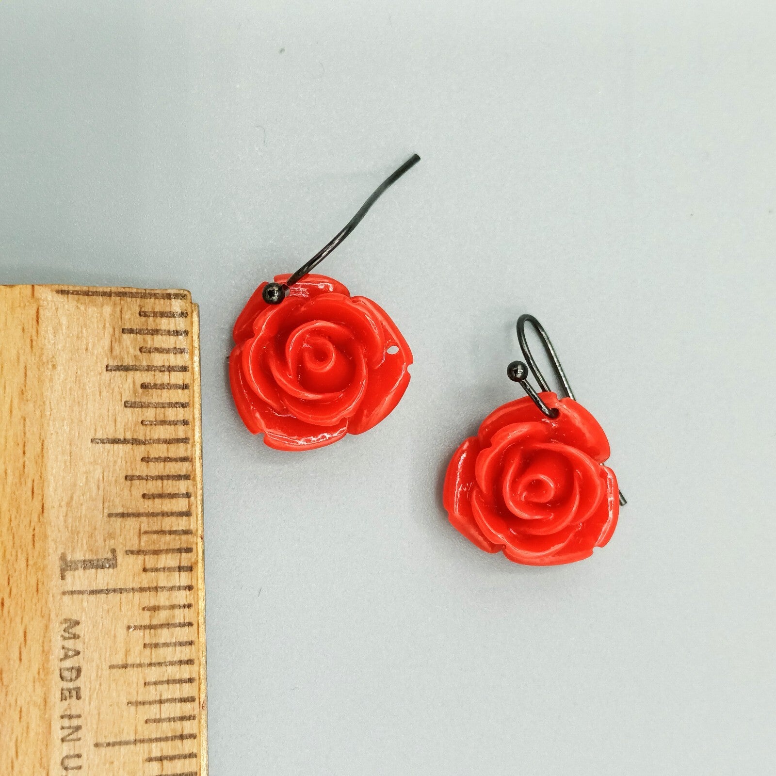 Pierced Earrings Red Acrylic Carved Rose Flower Dangle 5/8"