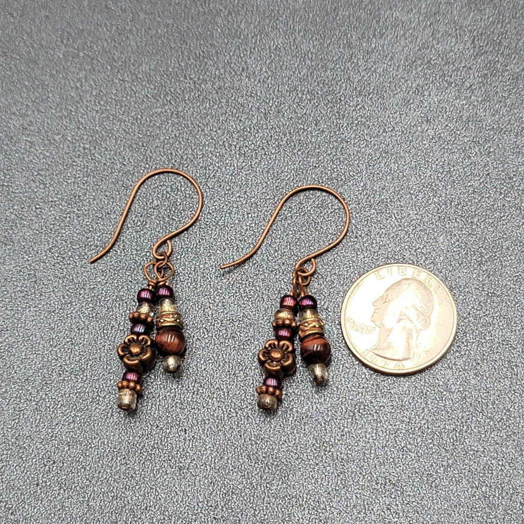 Pierced Earrings Copper tone Red Bead Dangle Flower  1.25"