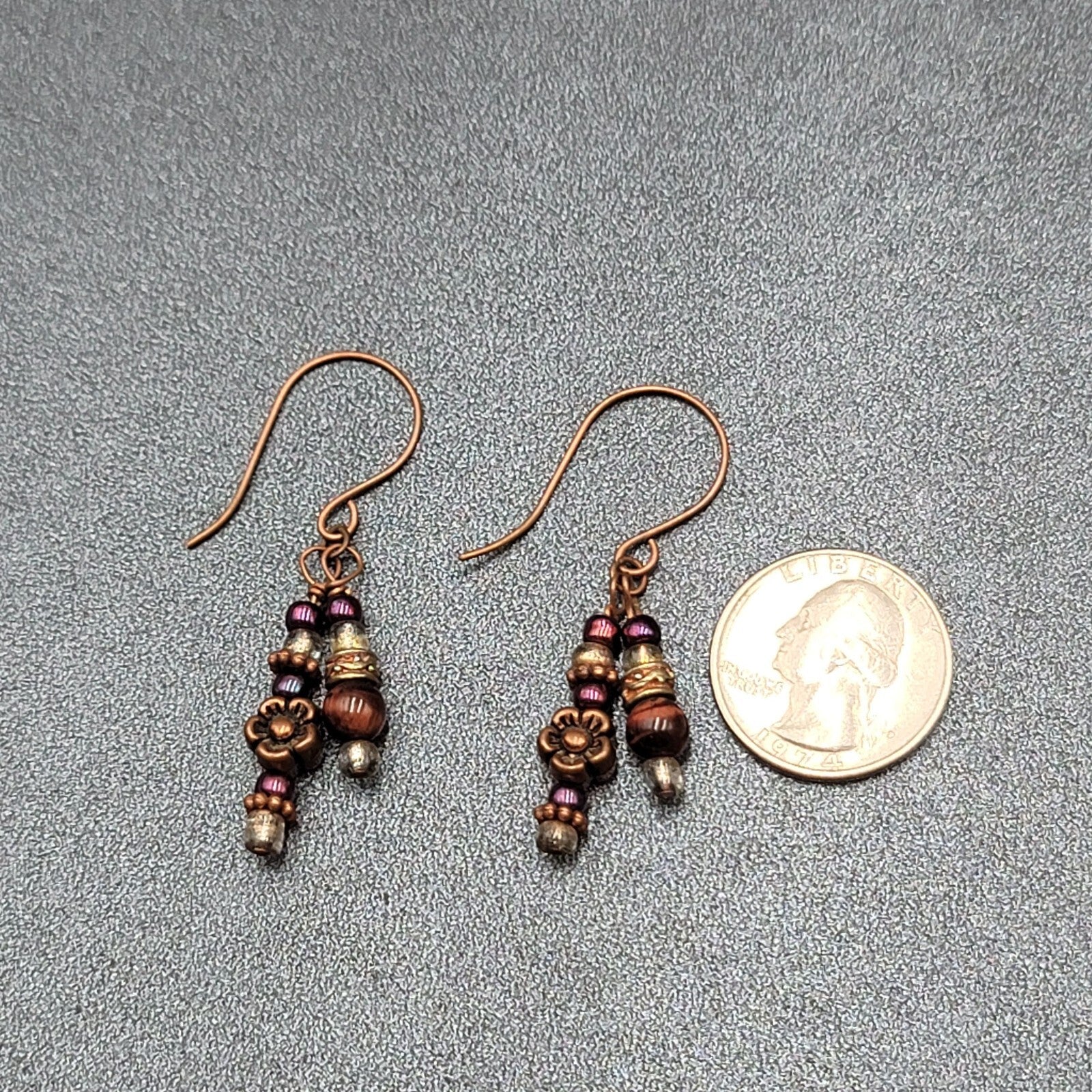 Pierced Earrings Copper tone Red Bead Dangle Flower  1.25"