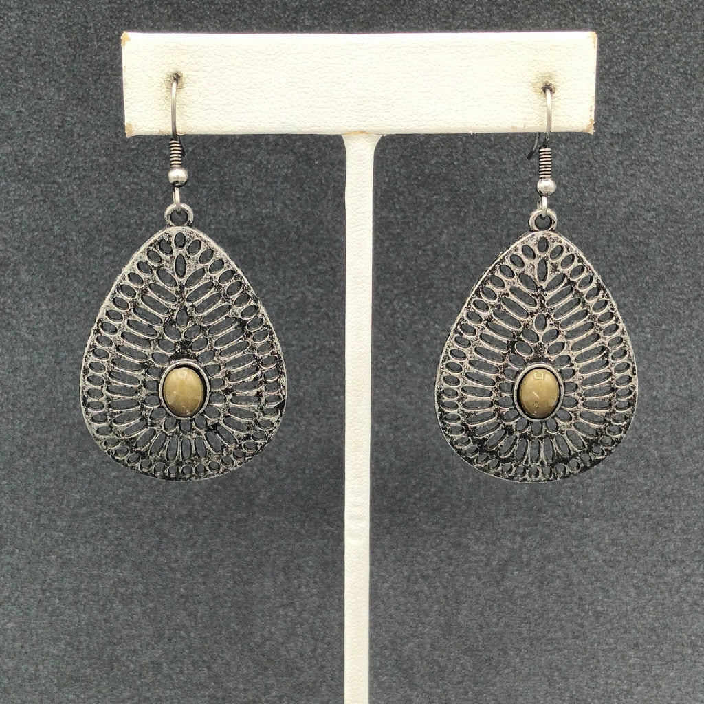 Pierced Earrings Antiqued Silver tone Teardrop Dangle 1 5/8"