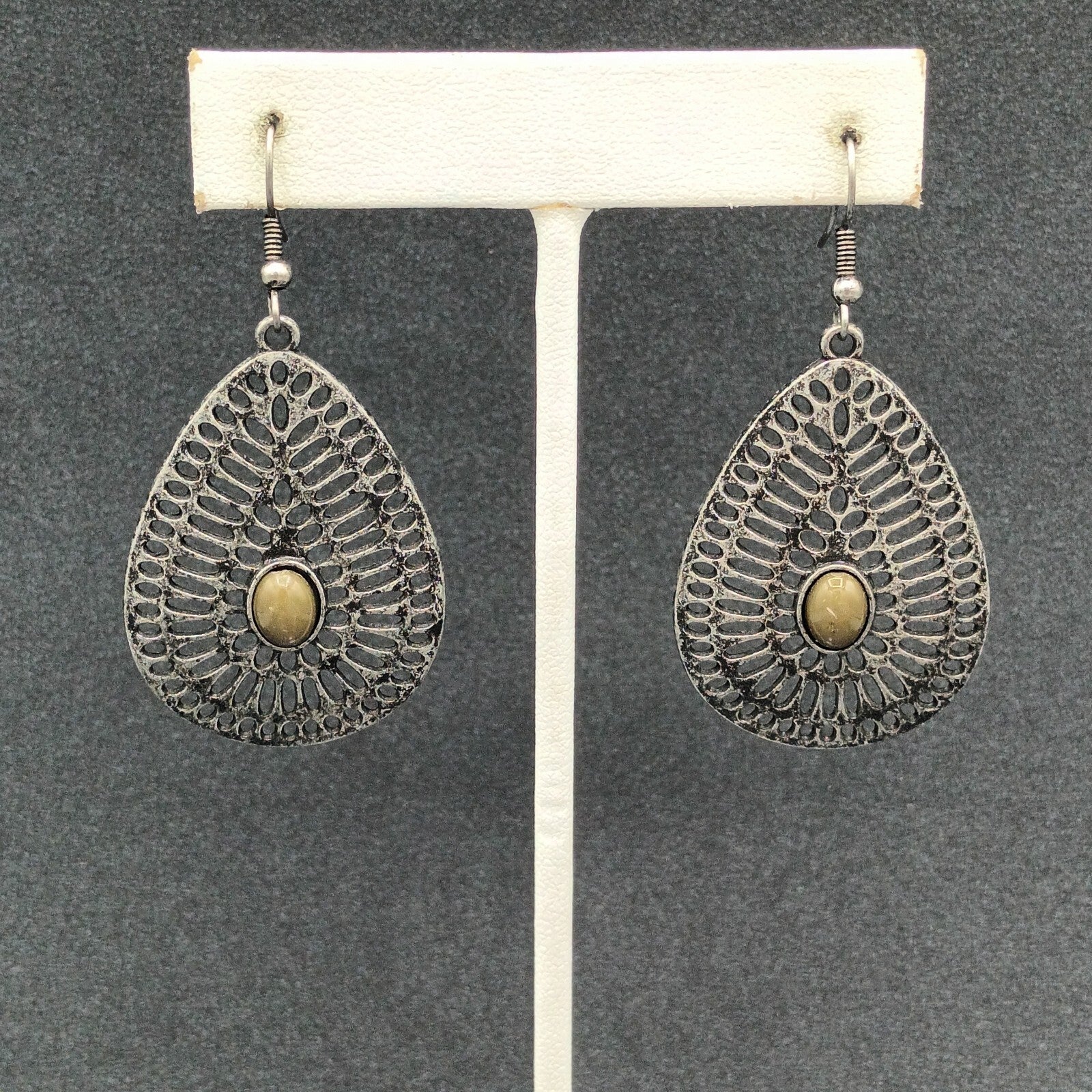 Pierced Earrings Antiqued Silver tone Teardrop Dangle 1 5/8"