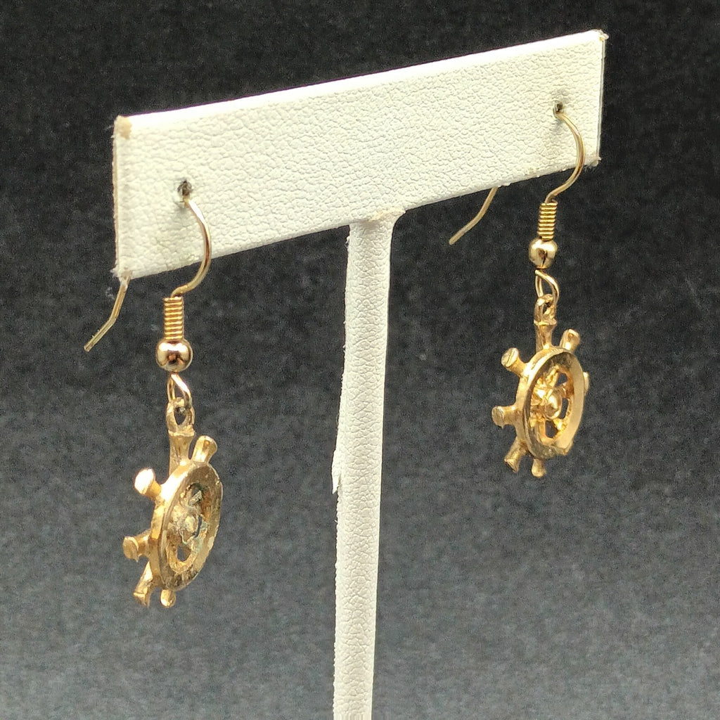 Pierced Earrings Gold tone Ship Wheel Nautical Theme Dangle 3/4"