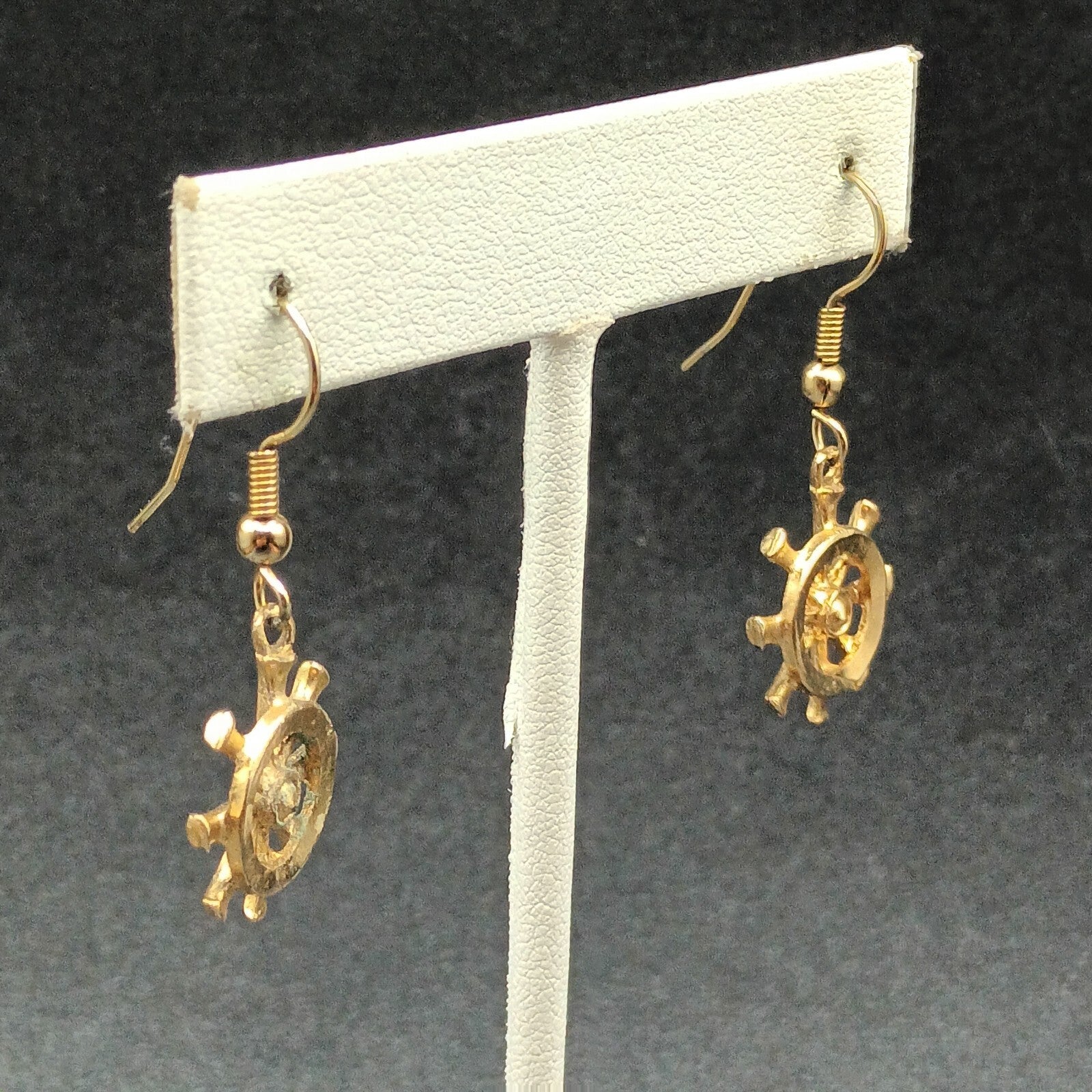 Pierced Earrings Gold tone Ship Wheel Nautical Theme Dangle 3/4"